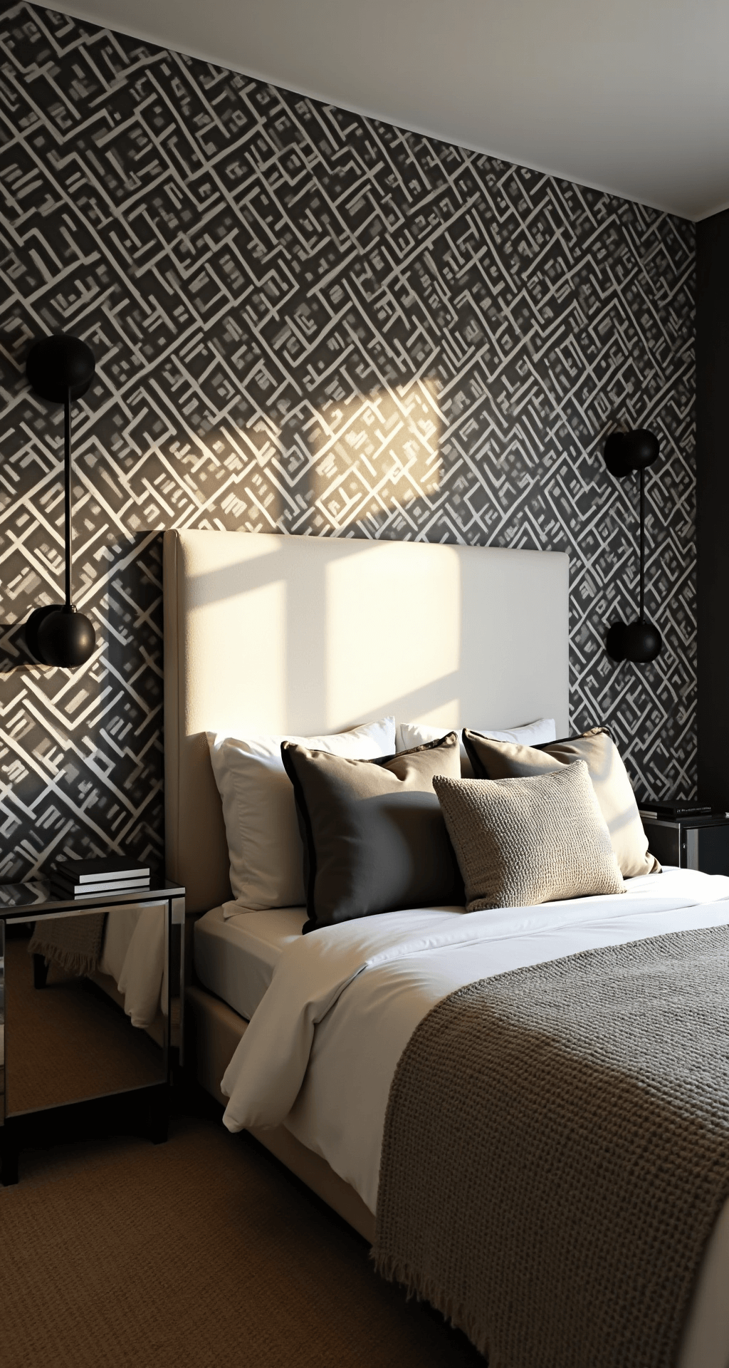 Intimate 12x12ft bedroom at golden hour featuring geometric black and white wallpaper, low-profile platform bed with oversized white headboard, asymmetrical black metal sconces, and rich textural elements like silk pillows and woven wool throw, captured from a corner angle with dramatic side lighting.
