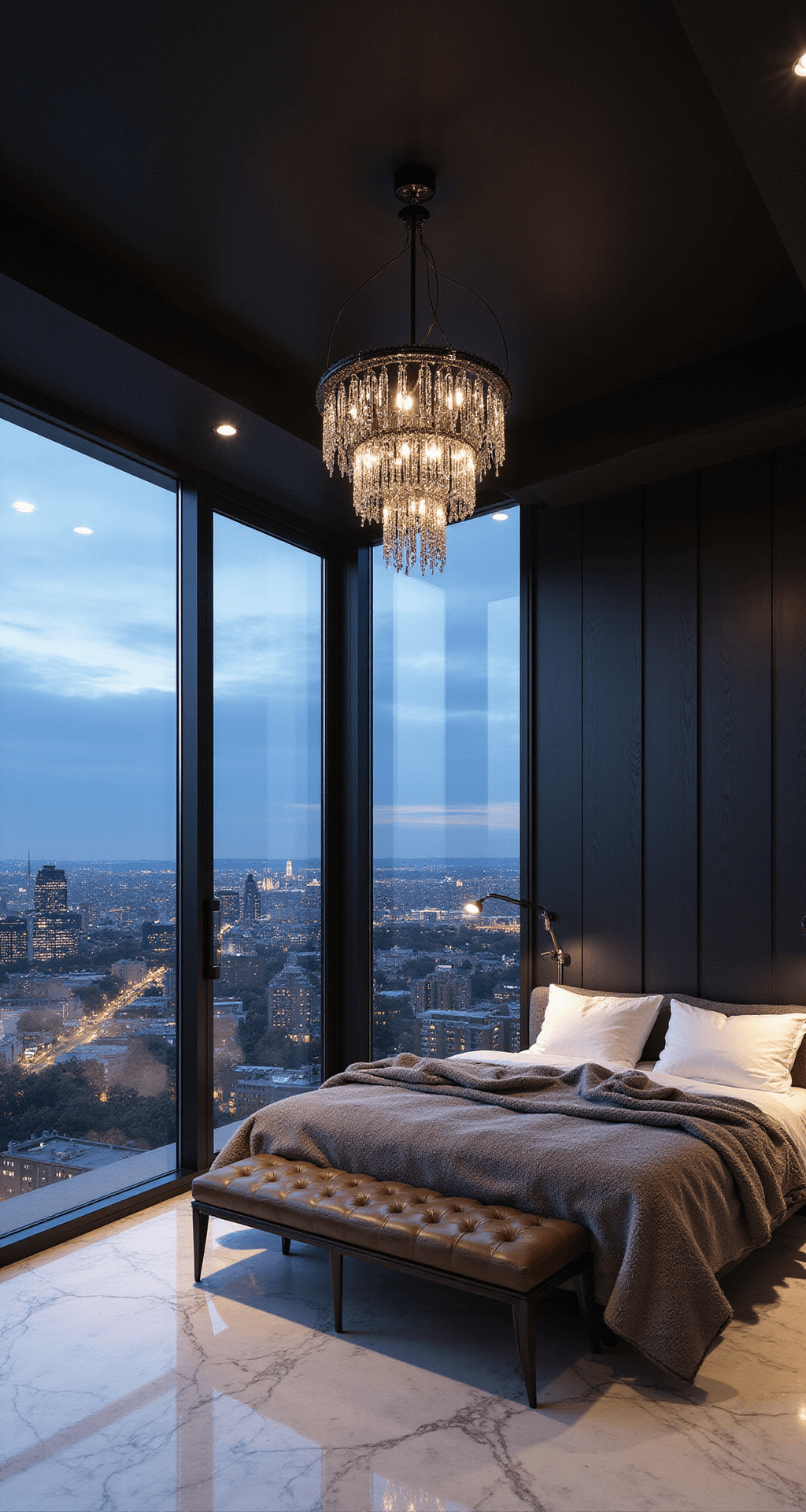 Contemporary primary bedroom featuring panoramic windows with city lights, a floating black wood bed frame above white marble floors, a dramatic black ceiling, leather bench, faux fur throws, polished nickel accents, and a statement chandelier, captured from an elevated angle in warm mixed lighting.