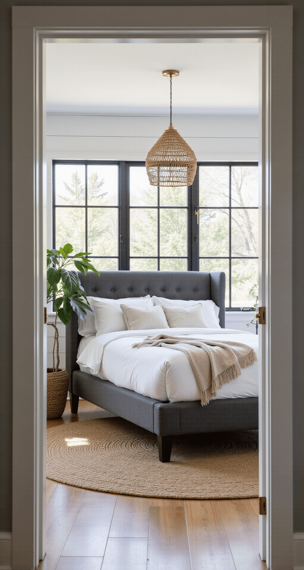 A bright, airy bedroom with white shiplap walls and bold black window frames, featuring a charcoal linen upholstered wingback headboard, woven pendant lights, a jute rug, and a potted fiddle leaf fig, all bathed in diffused afternoon light with added warm uplighting.