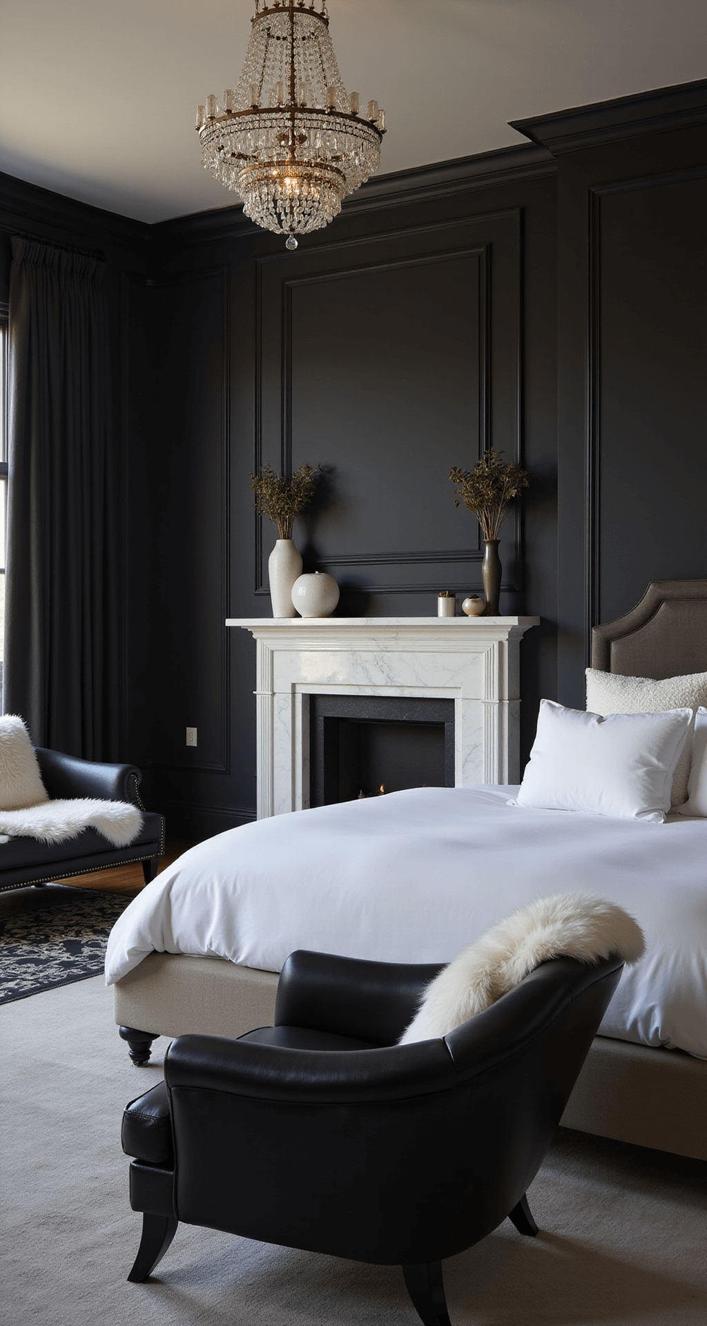 A spacious twilight-lit primary suite featuring a dramatic black accent wall, white marble fireplace, California king bed with hotel-white linens, black leather club chairs with white sheepskin throws, glamourous crystal chandelier, and polished chrome details, captured from an elevated angle to showcase its grand scale and intimate atmosphere.