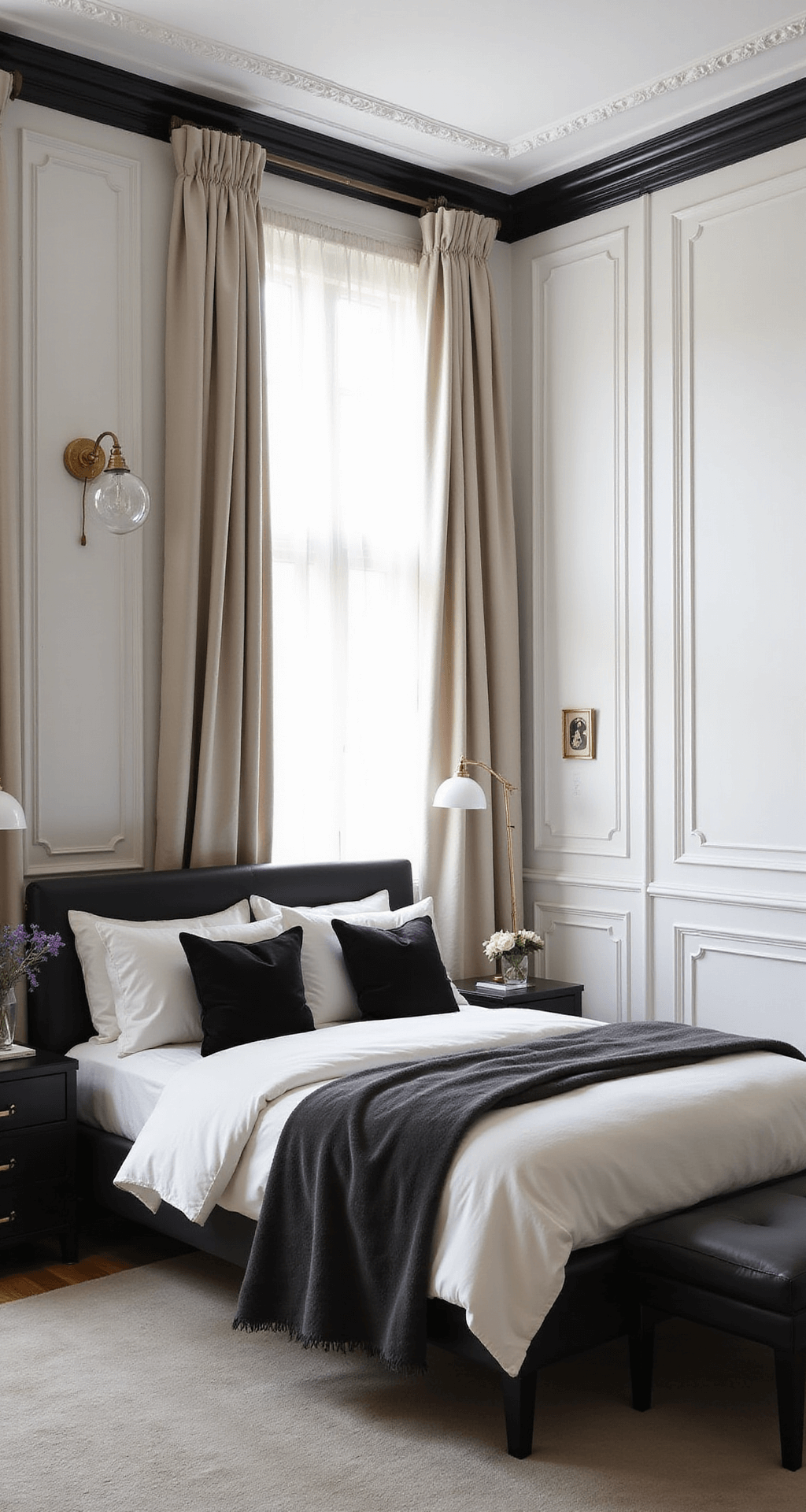A freshly designed 12x14ft bedroom featuring white walls with black trim, an art deco-inspired matte black bed frame, silk drapes, velvet pillows, and a wool carpet, illuminated by bright diffused daylight and vintage glass globe pendants, showcasing a blend of classic elegance and contemporary style.