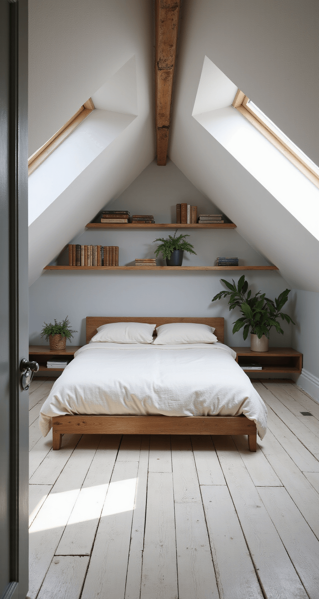 Attic bedroom with sloped ceilings, morning light from skylights, low-profile queen bed, built-in shelves, and whitewashed wooden floors, captured at eye level.