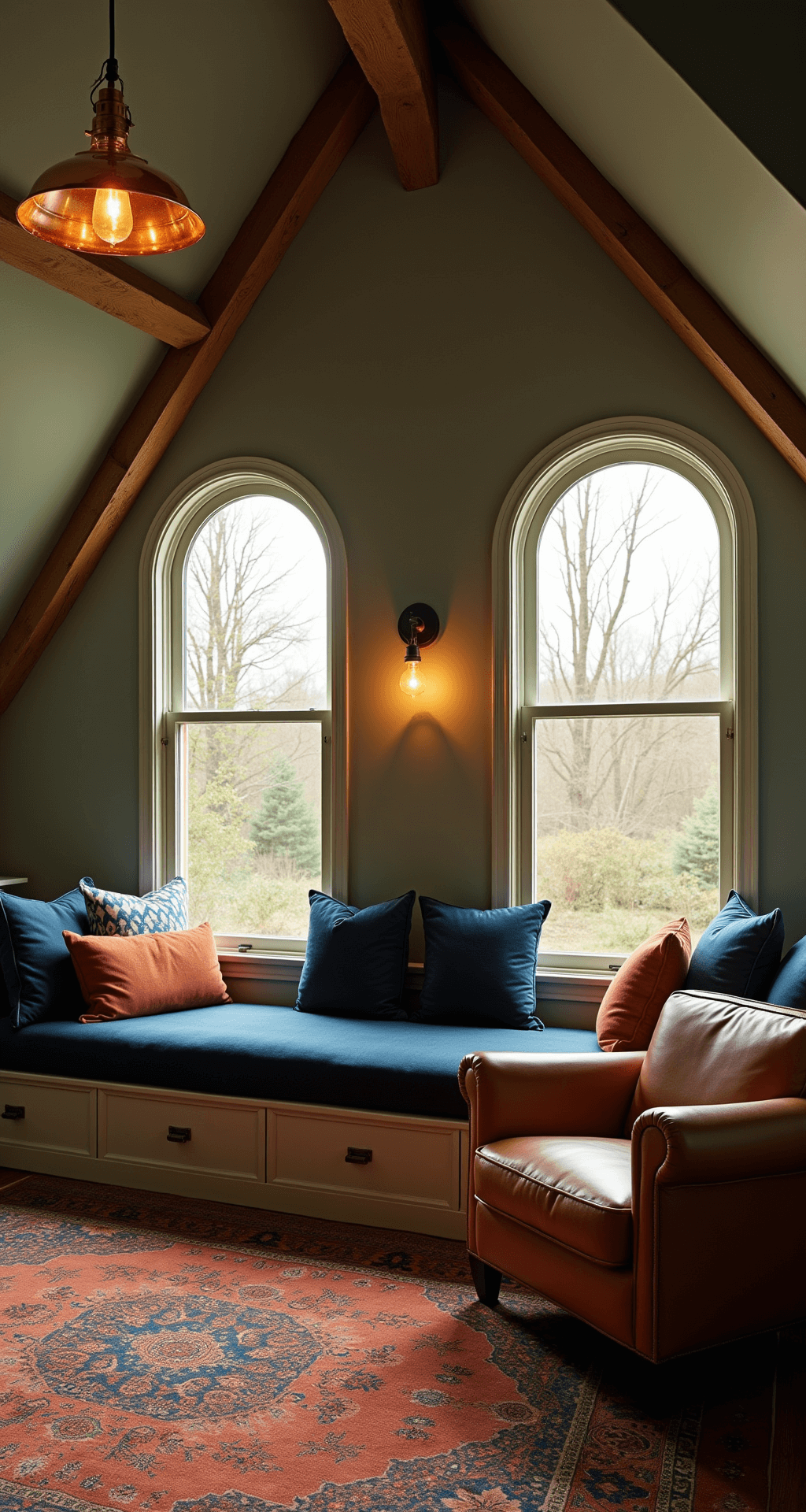 Cozy attic scene featuring dramatic dormer windows, warm lighting from copper pendant lights, a custom window seat with navy velvet cushions, weathered oak beams, sage green walls, layered Persian rugs, and a leather armchair in a reading nook, captured at golden hour.