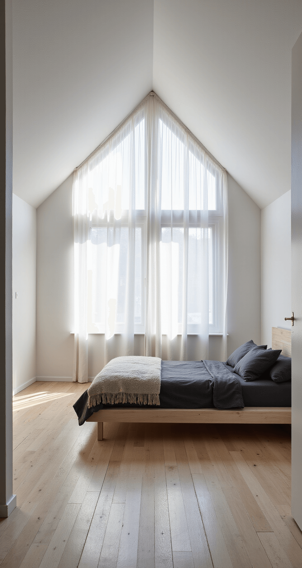 Modern minimalist attic retreat with Scandinavian design elements, featuring a bleached oak platform bed, charcoal linen bedding, and a Mongolian wool throw, illuminated by afternoon light through sheer white curtains over gable windows, set against white walls and light pine floors, captured from an elevated angle.