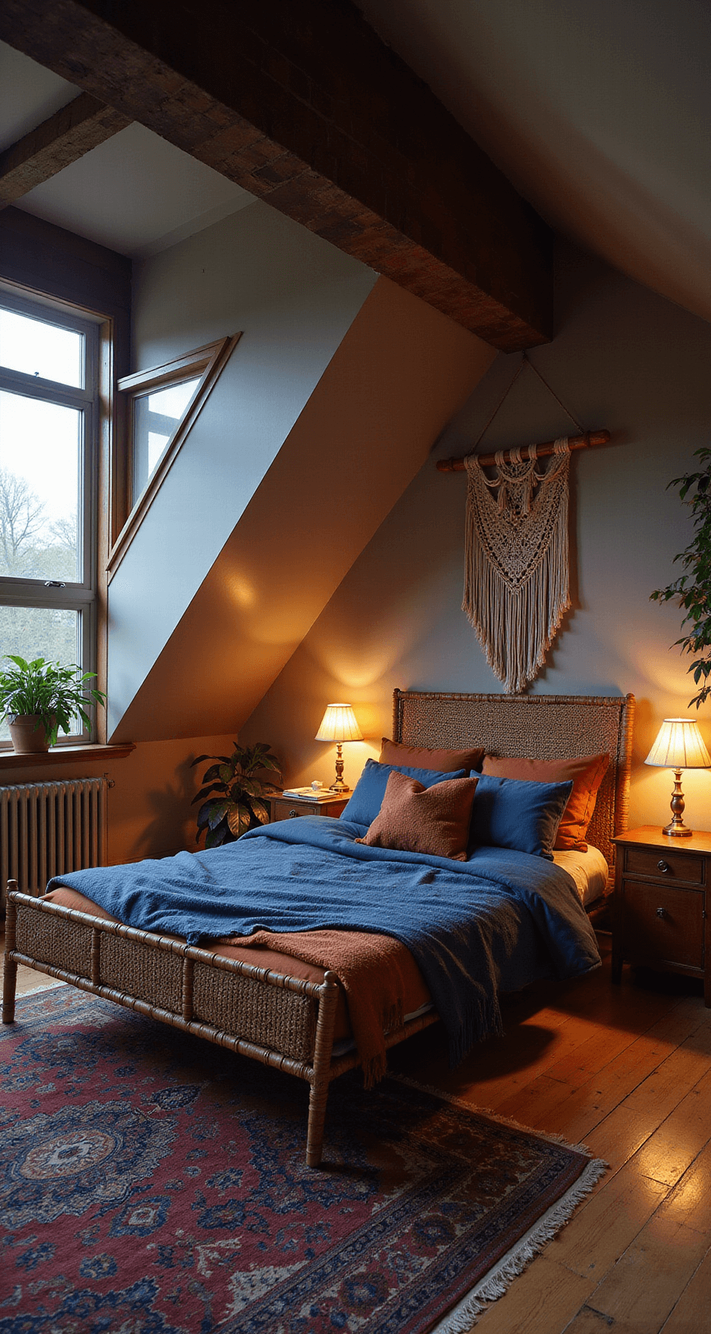 A cozy bohemian attic sanctuary features an exposed brick chimney and dusk lighting filtering through small dormers. A low-slung rattan bed with indigo and rust textiles sits atop a vintage Persian carpet in jewel tones, while a macramé wall hanging adorns the sloped wall. Brass floor lamps add warm accent lighting, captured from a corner angle for depth.