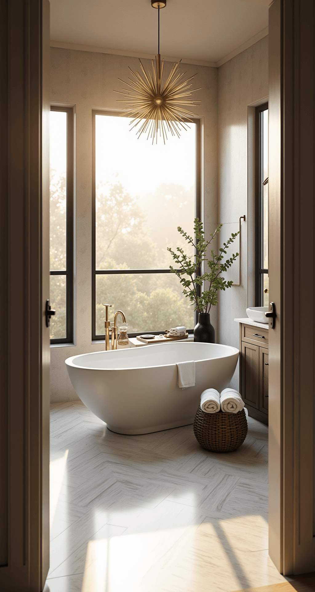 A contemporary bathroom featuring a freestanding oval marble bathtub, chevron-laid cream and grey marble floors, and a double vanity with brushed brass fixtures, all illuminated by golden hour sunlight streaming through frosted floor-to-ceiling windows. Decor includes rolled white Turkish towels, eucalyptus branches in a tall black vessel, and an artisanal soap-filled wooden bath caddy, with a modern sputnik chandelier casting dramatic shadows. Color palette includes warm whites, grey marble, brass accents, and subtle sage green.