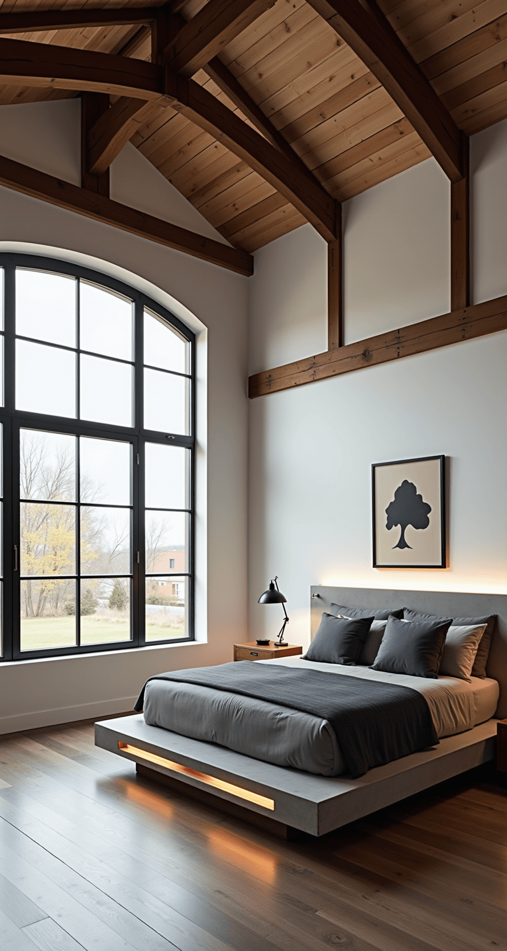 Attic bedroom featuring restored timber trusses, white walls, and floor-to-ceiling steel-framed windows, with a king-sized bed on a concrete platform, all in a charcoal and ivory color scheme accented by copper.