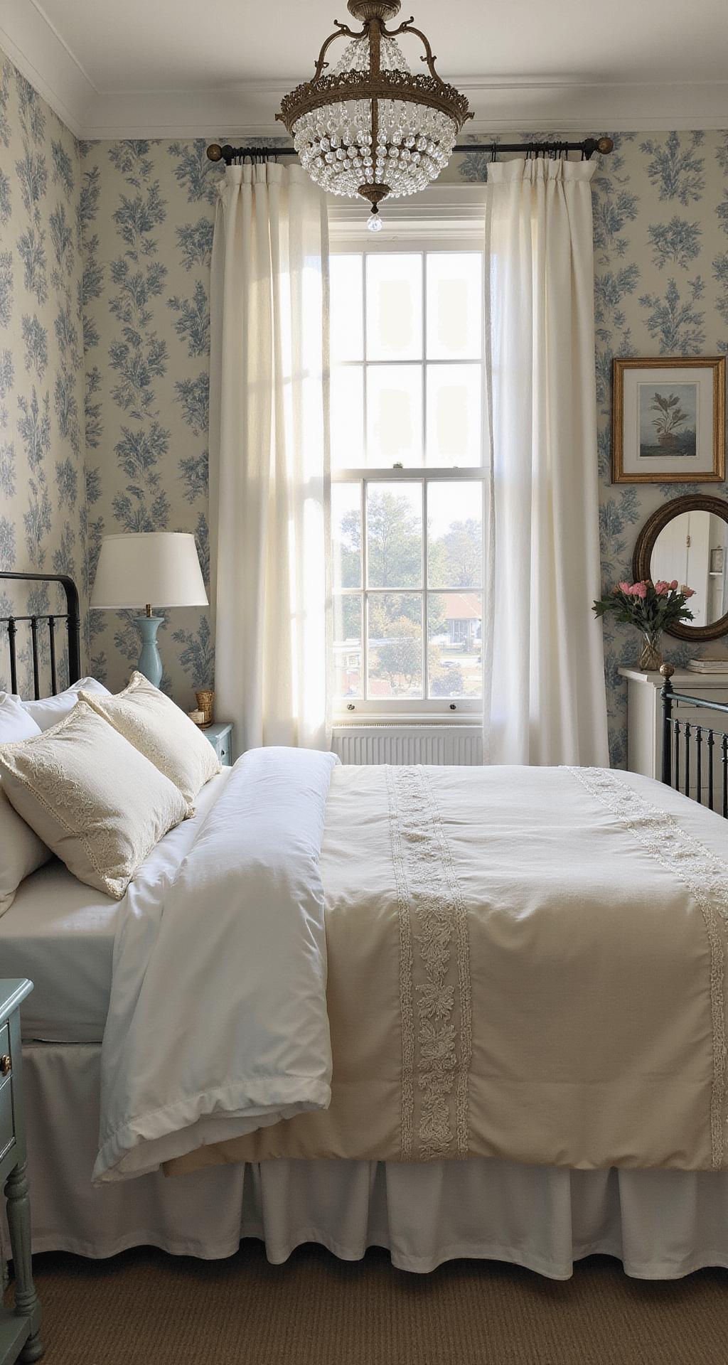 Romantic attic suite with mansard roof, featuring soft morning light, an antique iron bed dressed in vintage linens, distressed furniture in cream and duck egg blue, a sparkling crystal chandelier, and pale blue toile wallpaper, shot at bed level for an intimate atmosphere.