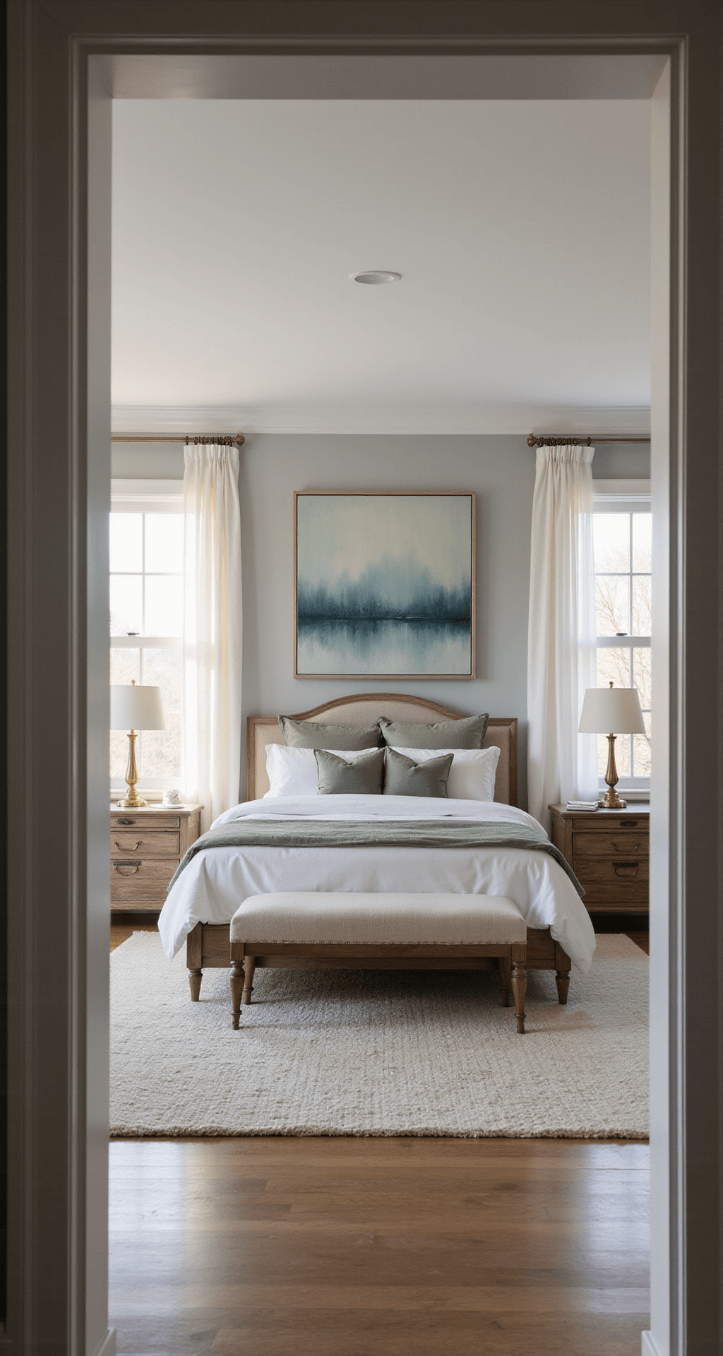 Interior shot of a serene master bedroom bathed in early morning golden light, featuring a king-sized bed with white and sage green linens, weathered oak nightstands with brass lamps, and a textured ivory wool rug, with pale gray walls and a large abstract artwork in muted blues above the headboard.