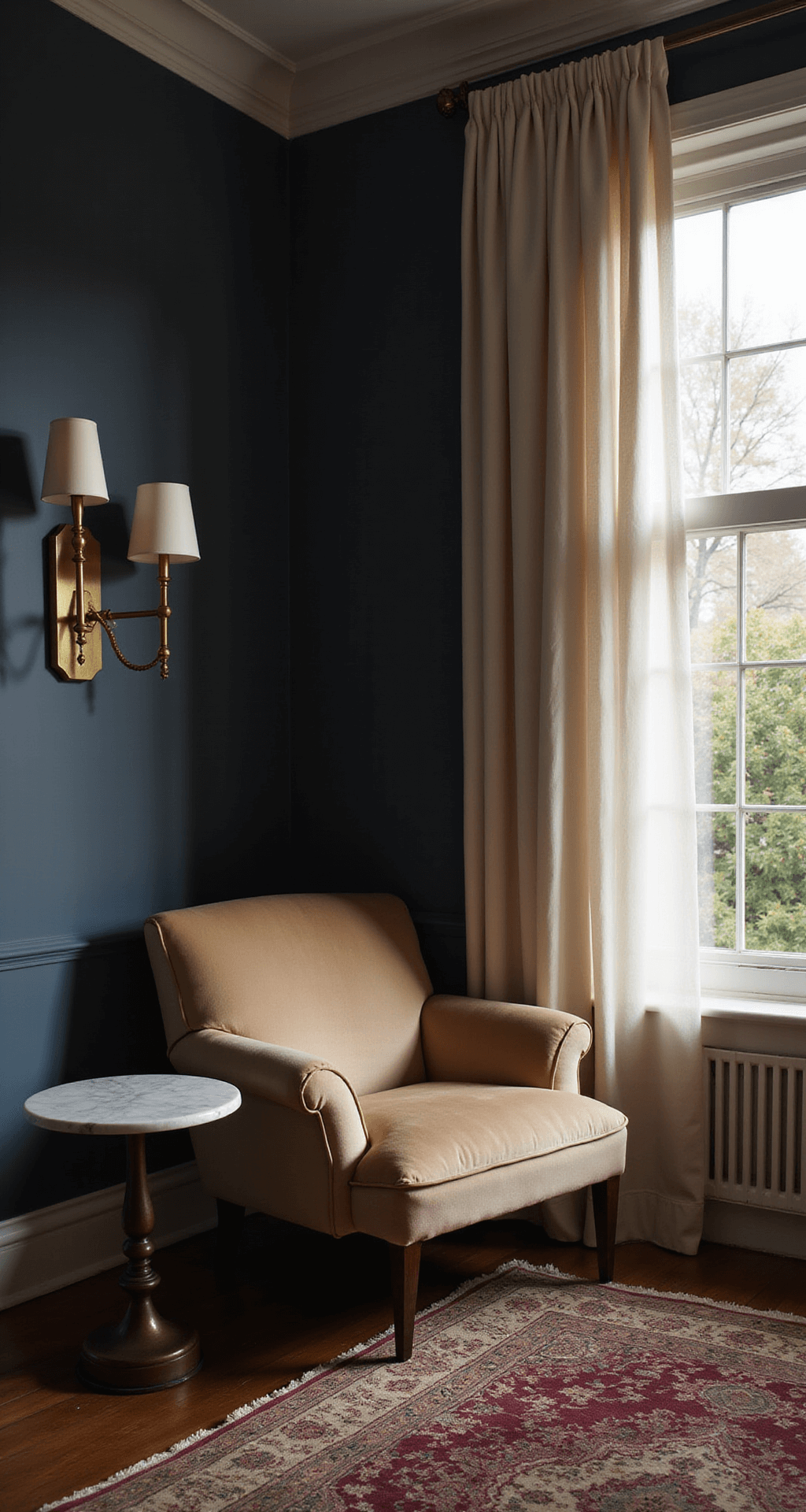 Intimate corner of a luxurious bedroom featuring deep navy walls, brass wall sconces, a plush champagne velvet reading chair, a marble-topped side table, and floor-to-ceiling windows framed by layered ivory curtains, all highlighted by a vintage Persian rug in deep burgundy and gold.