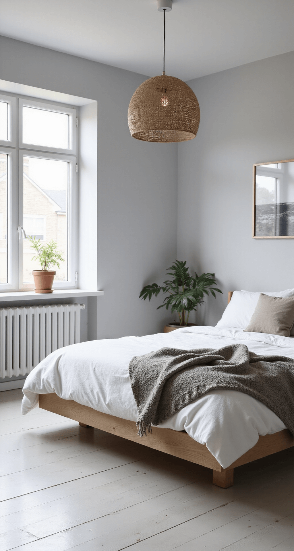 Minimalist Scandinavian bedroom with white-painted wooden floors, pale gray walls, a bleached oak platform bed dressed in white linen and textured throws, a rattan pendant light, and a black and white photography gallery wall, all bathed in natural midday light.