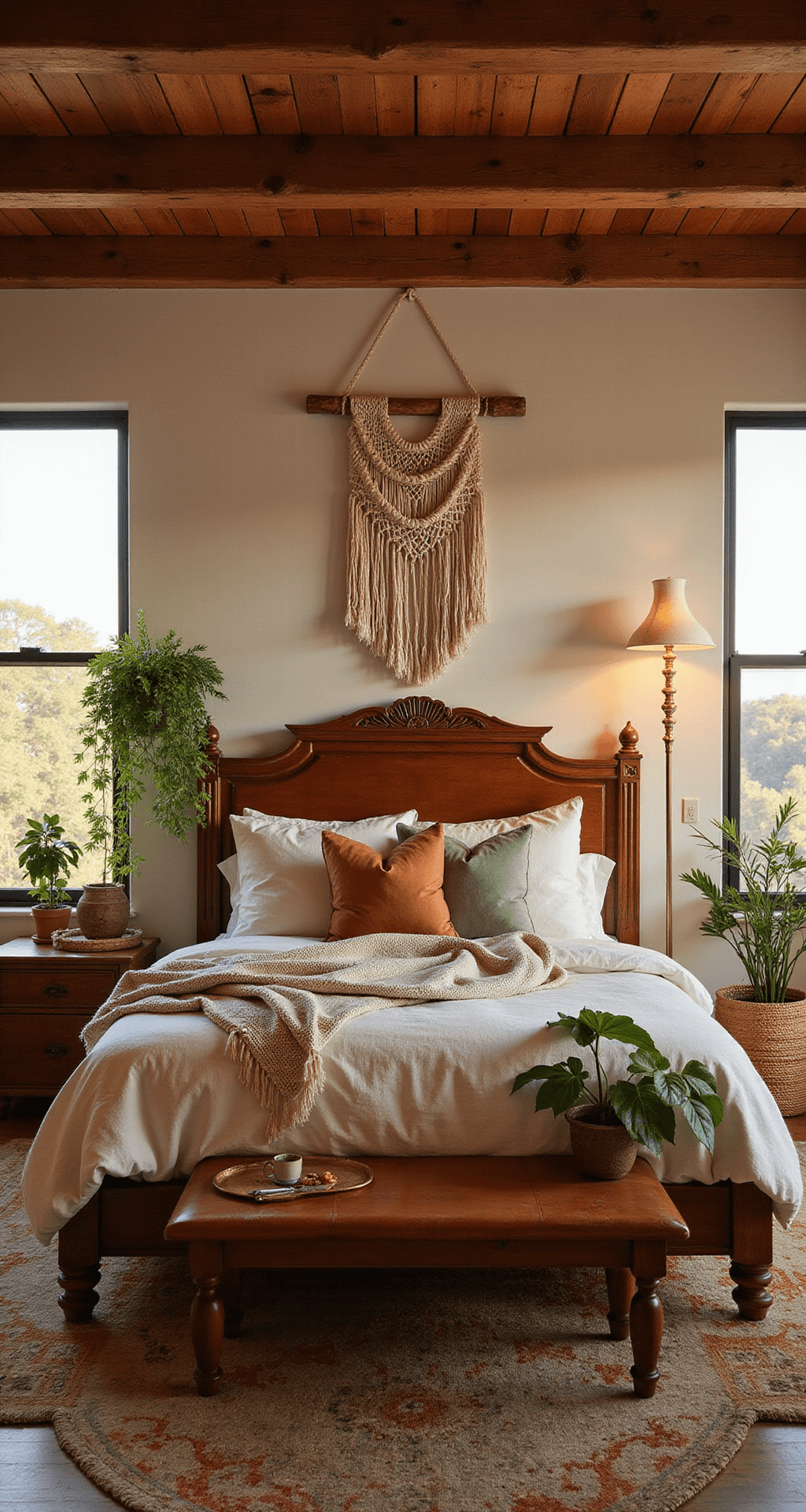 A cozy boho-luxe bedroom at sunset, featuring a king bed with terracotta, cream, and sage linen, a carved wooden headboard with a macramé wall hanging above, and complemented by potted plants and woven baskets. The room has a Moroccan rug in muted earth tones, exposed wooden beams, and warm ambient lighting from a copper floor lamp, all captured from an elevated angle to showcase its organic flow and layered textures.