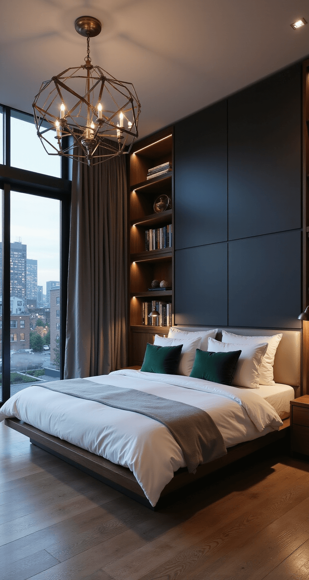 Contemporary bedroom at twilight featuring a charcoal accent wall and large floor-to-ceiling windows, showcasing a dark walnut platform bed with white bedding and green velvet pillows, a geometric brass chandelier casting artistic shadows, and built-in bookshelves with curated decor, reflecting city lights in the window.
