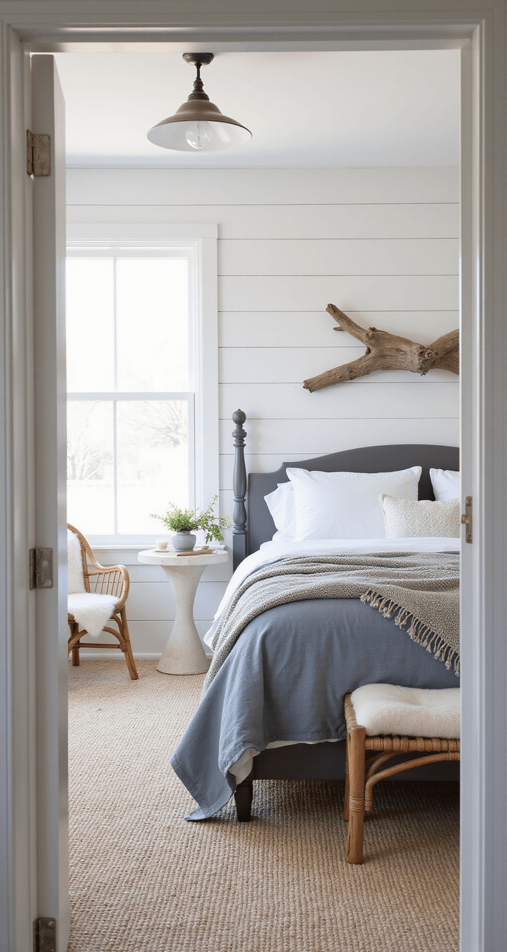 Coastal-inspired bedroom featuring a white shiplap accent wall, a queen bed dressed in stonewashed blue linen and layered quilts, a rope pendant light, seagrass rug, driftwood art above the bed, and a rattan chair with sheepskin throw, all illuminated by soft morning light.