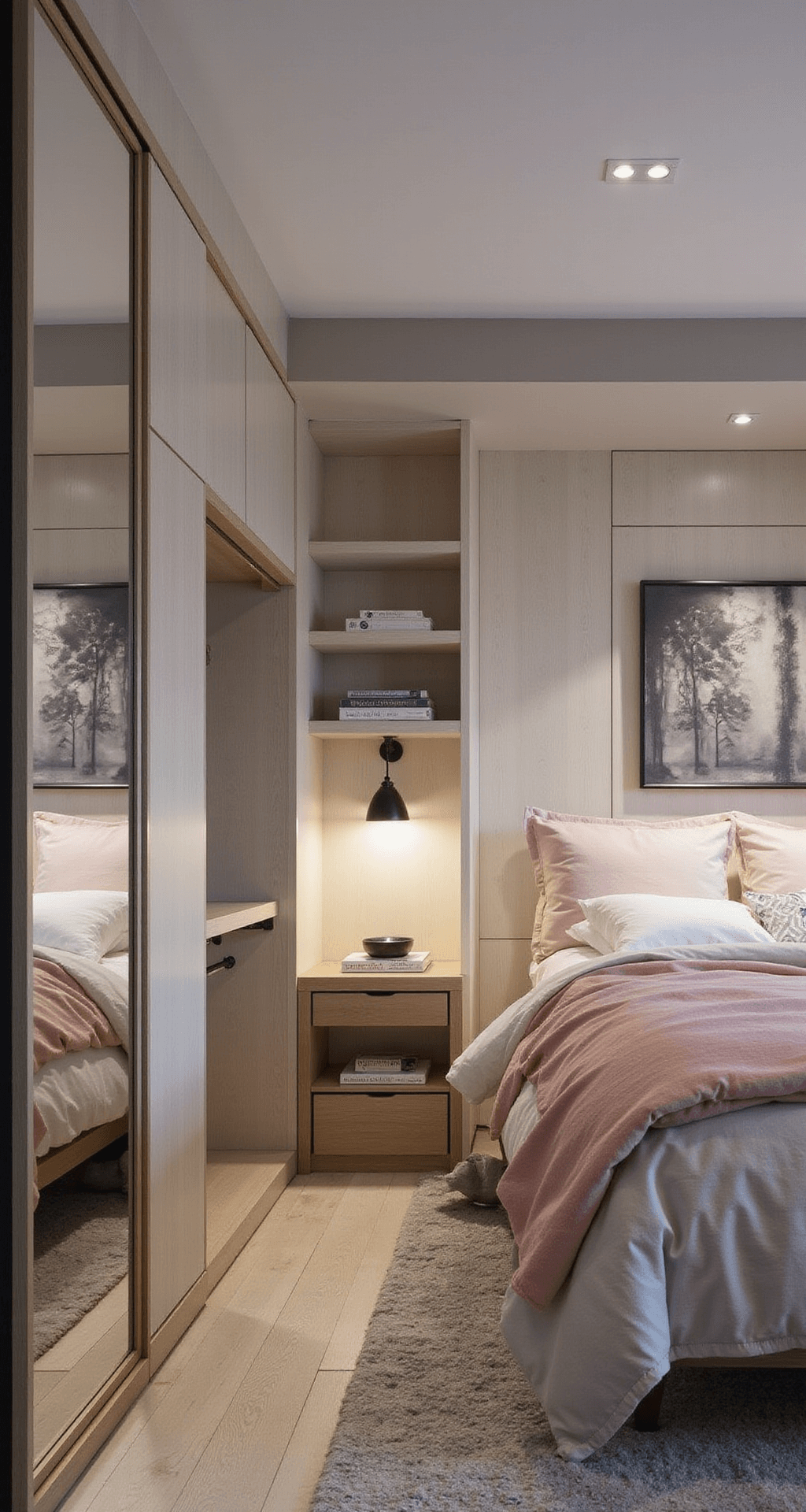 A cozy 10'x12' bedroom featuring a floating queen bed flanked by mirror-fronted wardrobes, built-in storage, and blush accents in bedding and art. Lucite nightstands and wall-mounted swing arm lamps enhance the space's lightness and functionality, captured during blue hour with soft ambient and task lighting.