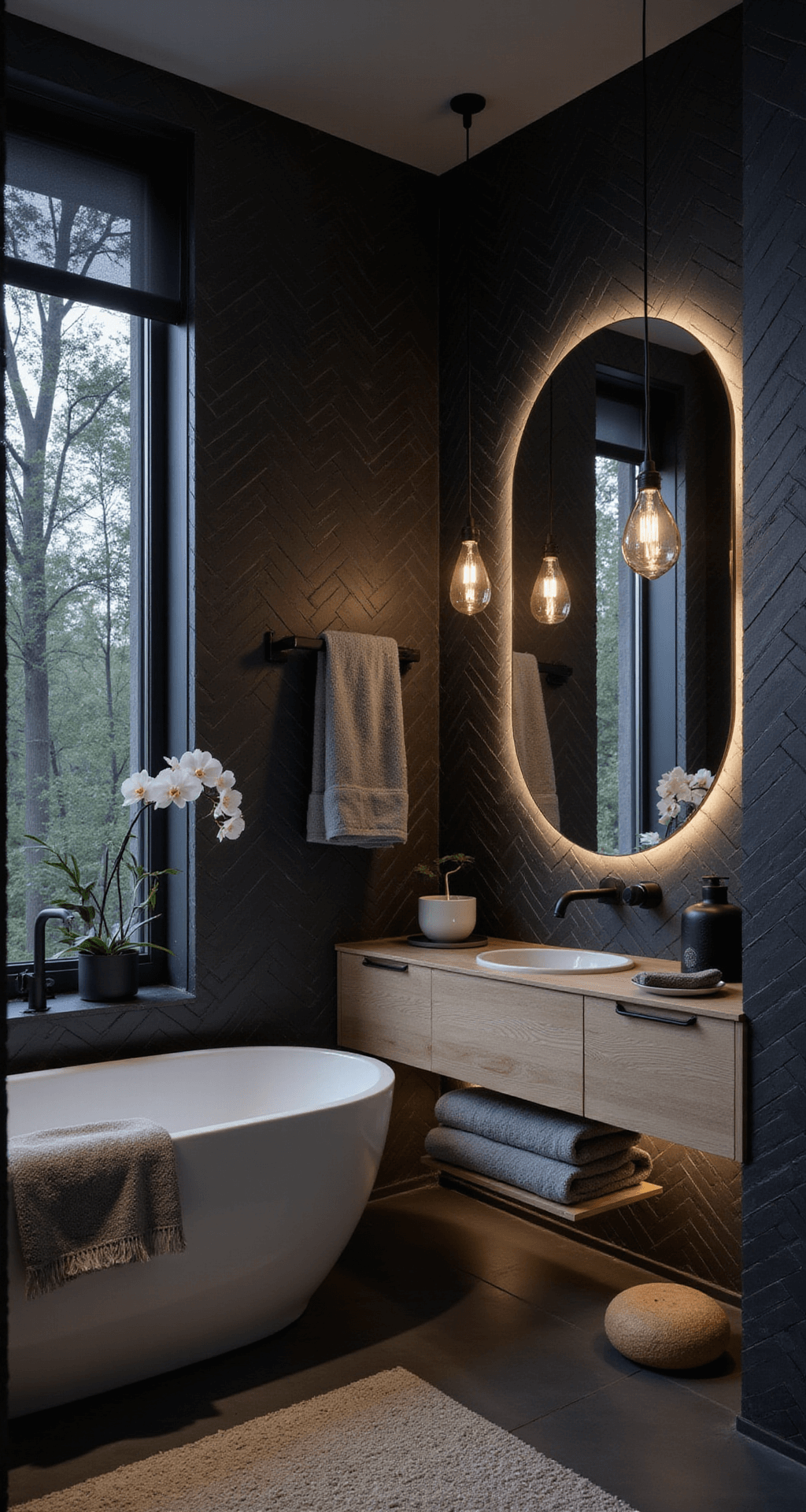 Intimate spa-inspired bathroom at blue hour featuring dramatic black herringbone tile walls, a floating white oak vanity, an oversized circular mirror with LED lighting, and a deep soaking tub with matte black hardware, styled with black stone accessories, white orchids, and textured linen towels in charcoal grey, set against a color scheme of matte black, warm wood tones, crisp whites, and subtle gold accents.