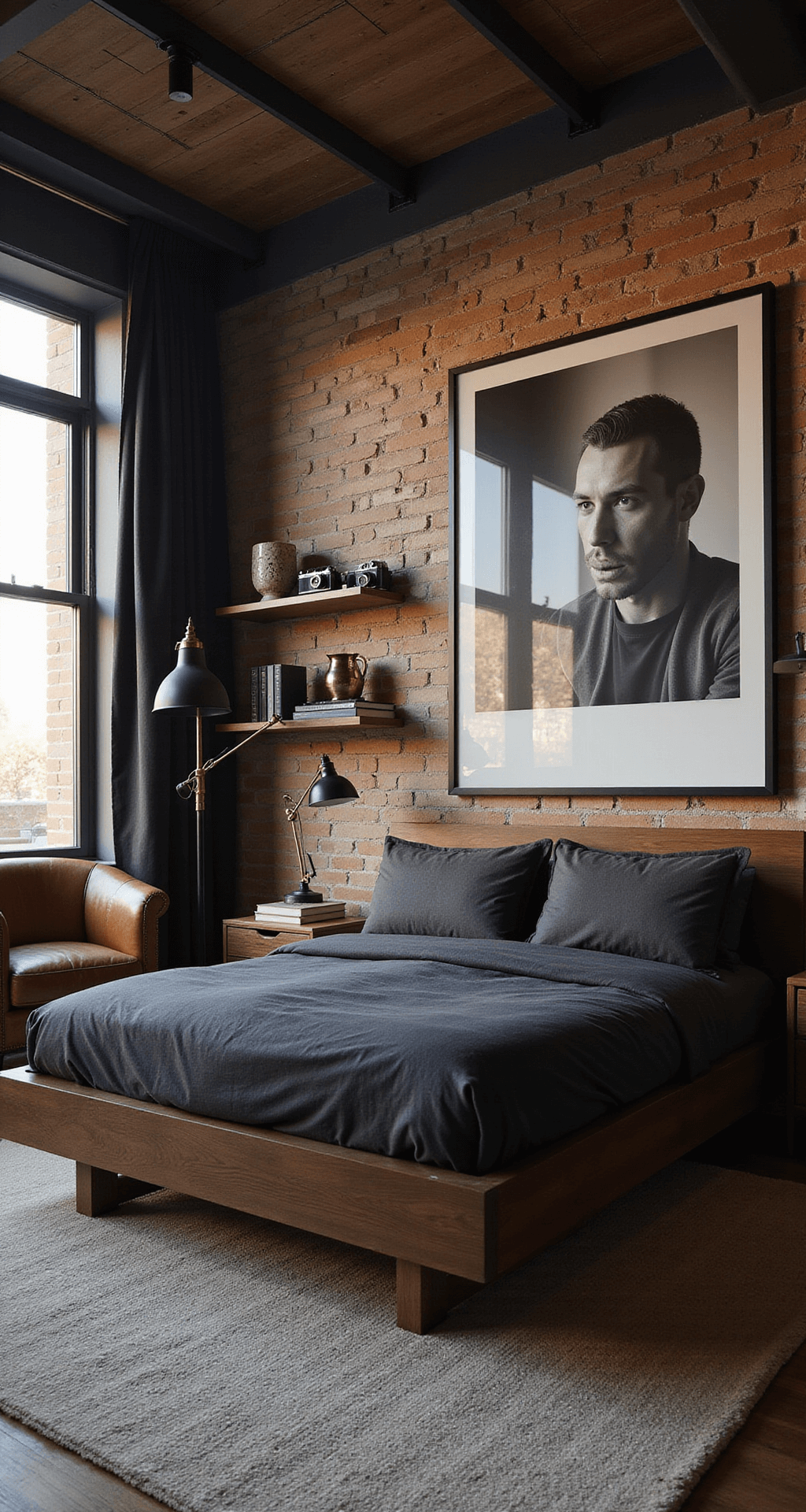 A moody masculine bedroom featuring a walnut platform bed with charcoal linen bedding, exposed brick accent wall with black and white photography, and warm golden hour light streaming through floor-to-ceiling windows. The space includes industrial pendant lights, a rich leather armchair, a brass floor lamp, and layered textures like a wool area rug and leather poufs, all in a deep navy and cognac color palette, accented with vintage cameras and leather-bound books.