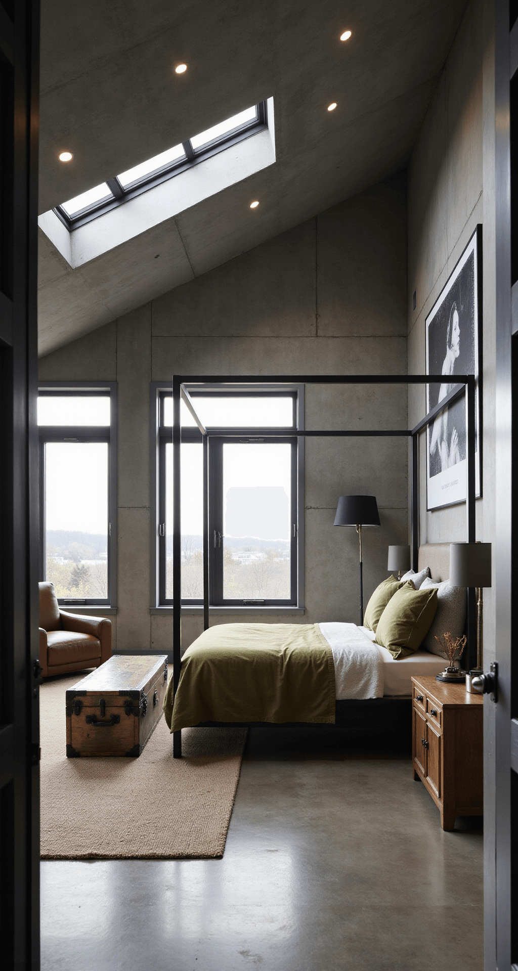 Dramatic master bedroom with vaulted ceiling, featuring a contemporary four-poster bed, olive and gray bedding, and morning light streaming through steel-framed windows. The space includes a concrete accent wall with LED lighting, matching weathered oak nightstands, and a vintage trunk bench, all in a color palette of slate gray, olive, weathered brown, and white, with a large-scale monochrome abstract art piece.