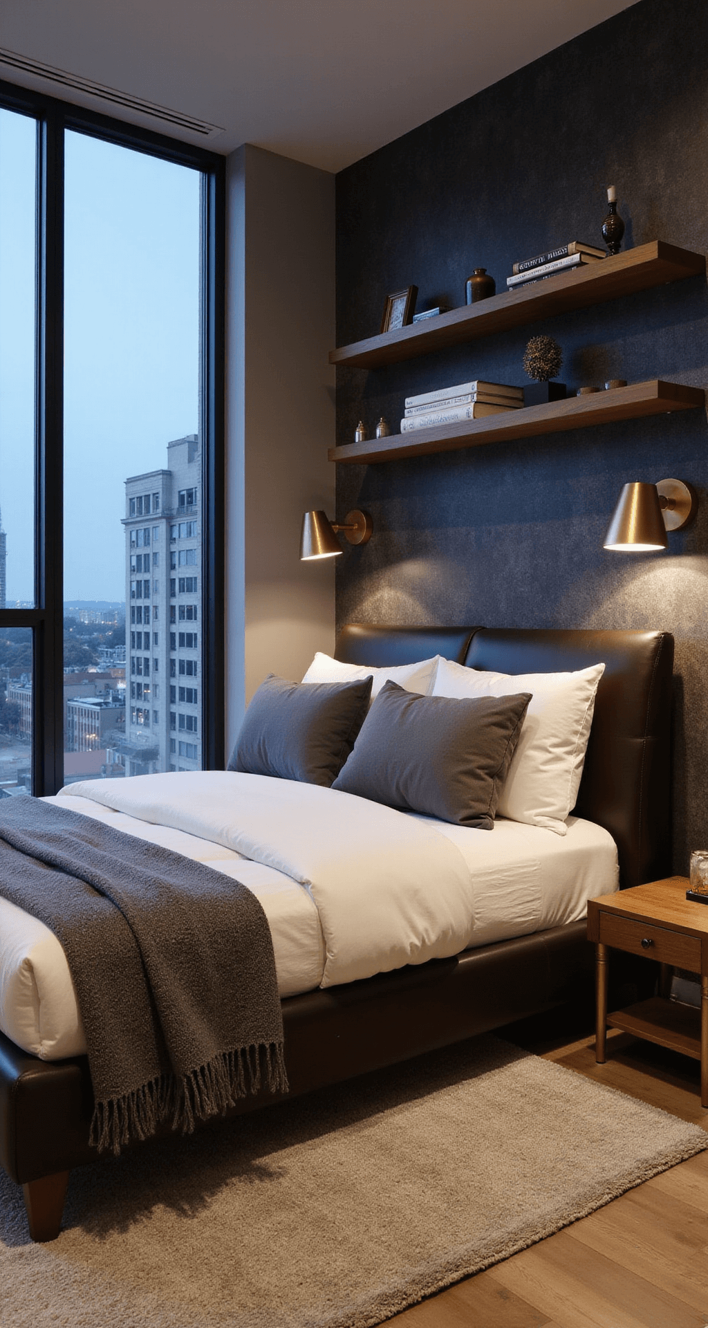 A cozy urban bedroom with an industrial-style window wall, featuring a dark chocolate leather platform bed dressed in white linens and gray throws. The textured charcoal accent wall complements floating walnut shelves adorned with curated items, illuminated by brushed brass sconces. A watch collection is displayed in a glass case, alongside architecture books, all set during the blue hour for a serene ambiance.