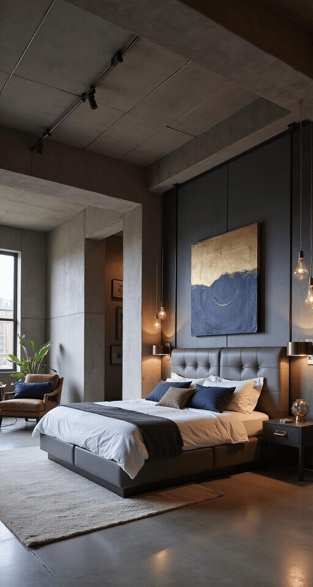 Wide-angle view of a spacious loft-style bedroom at dusk featuring a king bed with a tufted gray leather headboard, polished concrete floors, and an exposed beam ceiling. A custom steel and glass room divider creates an office nook, complemented by oversized abstract art in navy and gold. The room is illuminated by pendant cluster lights and showcases a modernist sculpture collection against warm gray and midnight blue tones.