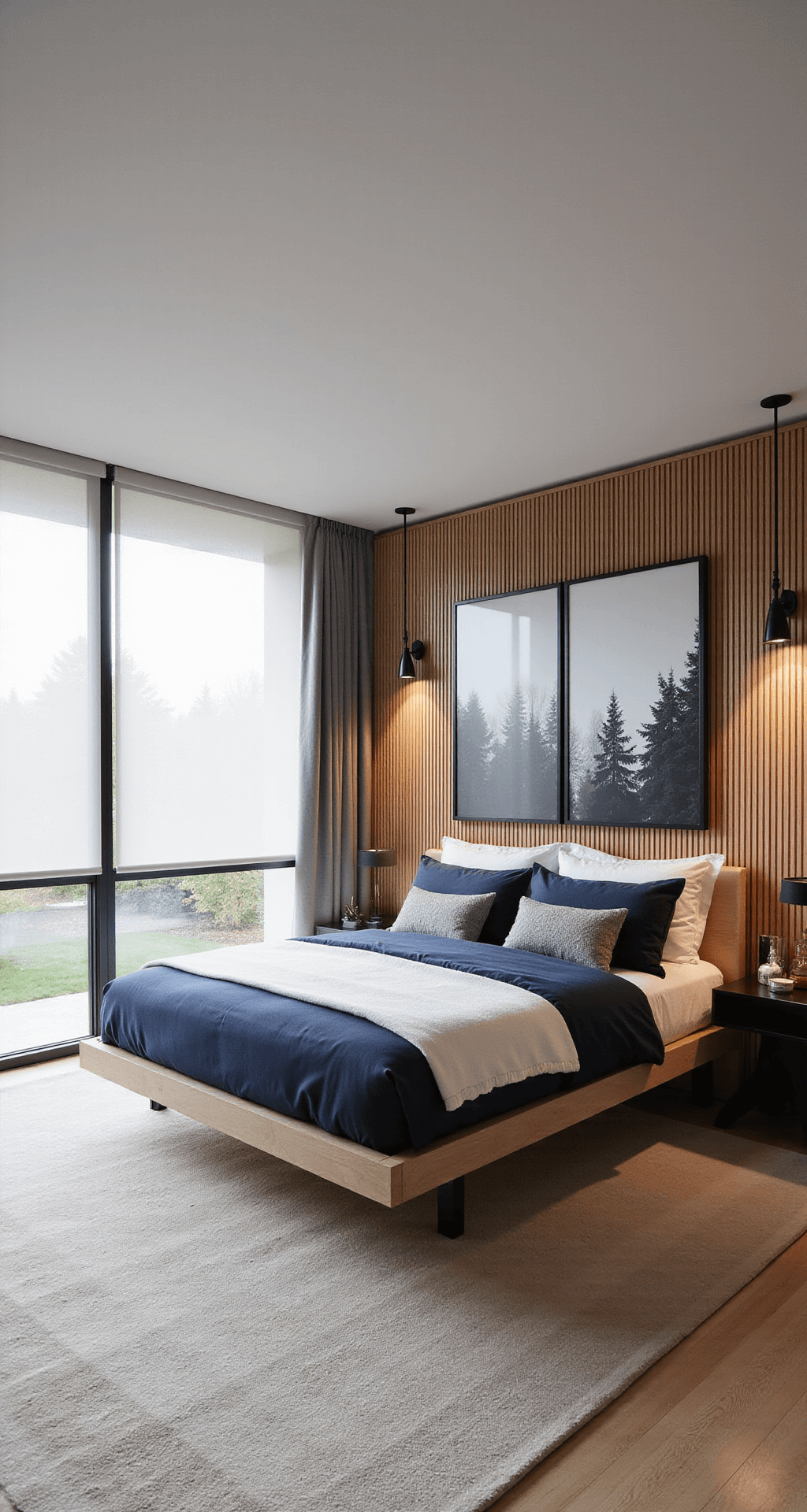 An eye-level shot of a contemporary bedroom featuring floor-to-ceiling windows with automated shades, a low-profile platform bed in bleached oak with navy and white bedding, and a geometric wood slat accent wall backlit with LED. Minimal black metal nightstands flank the bed, and an oversized black and white photography triptych adorns the wall. The room showcases a curated display of travel artifacts and modern art pieces, with materials including light wood, metal, linen, and wool in warm white, navy, black, and natural oak tones.
