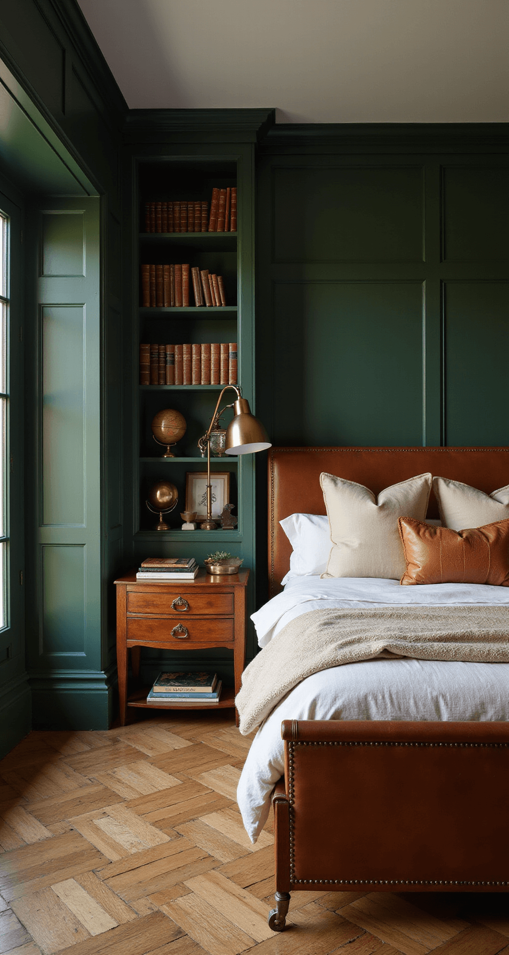 A cozy bedroom featuring herringbone wood floors and deep green paneled walls, illuminated by vintage brass floor lamps at sunset. A leather-wrapped bed frame with layered neutral bedding sits against the wall, while a rolling ladder leads to built-in bookshelves filled with leather-bound books and vintage globes. The color palette includes hunter green, cognac leather, aged brass, and cream, creating an intimate and inviting atmosphere.