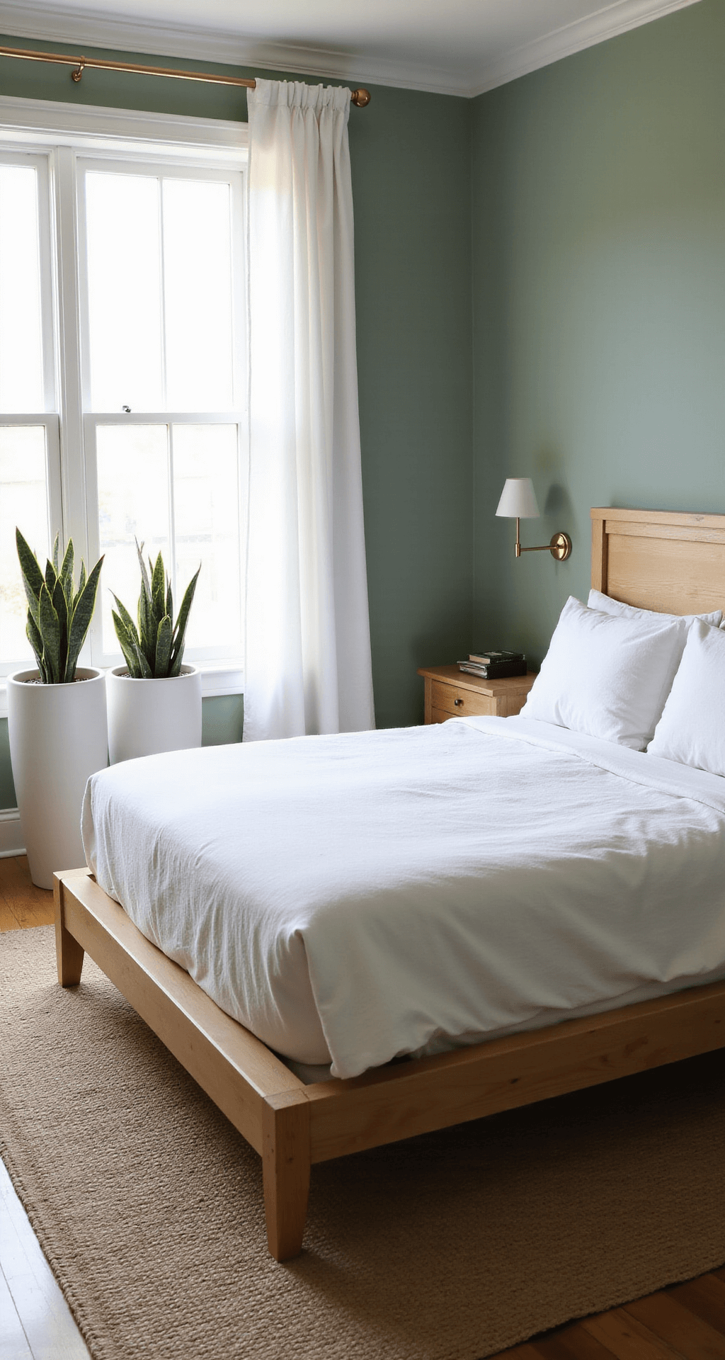 A serene bedroom featuring sage green walls, a king-size platform bed with cloud-white bedding, and natural light filtering through sheer curtains, accented by oversized snake plants and a jute rug.