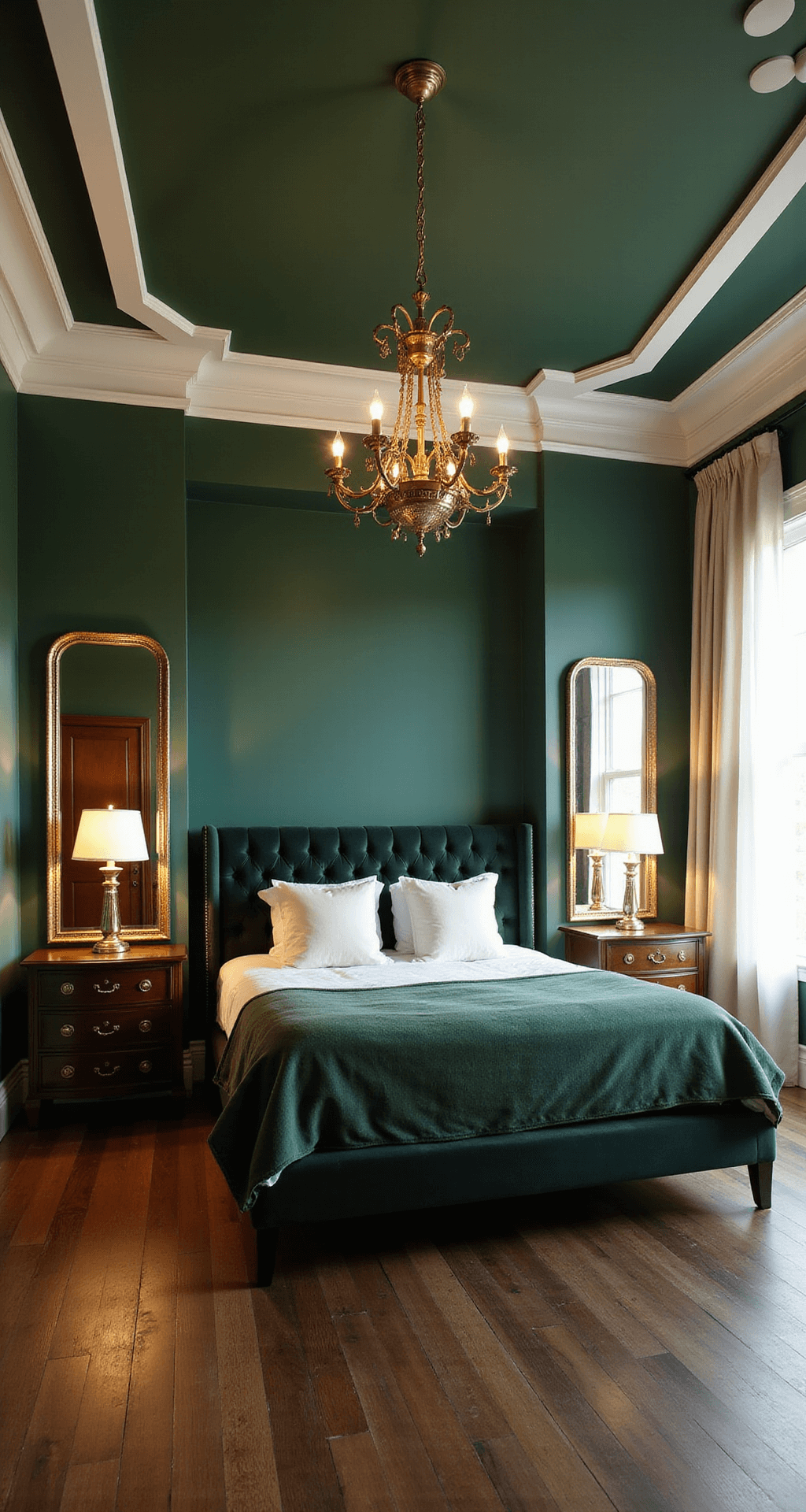 A luxurious master bedroom featuring a dramatic emerald green accent wall, an upholstered channel-tufted bed in charcoal velvet, and an ornate brass chandelier. Floor-to-ceiling mirrors with brass frames flank matching nightstands, while ivory silk drapes elegantly pool on dark hardwood floors. The low-angle shot captures the grandeur of the tray ceiling and emphasizes textures with warm side lighting at golden hour.