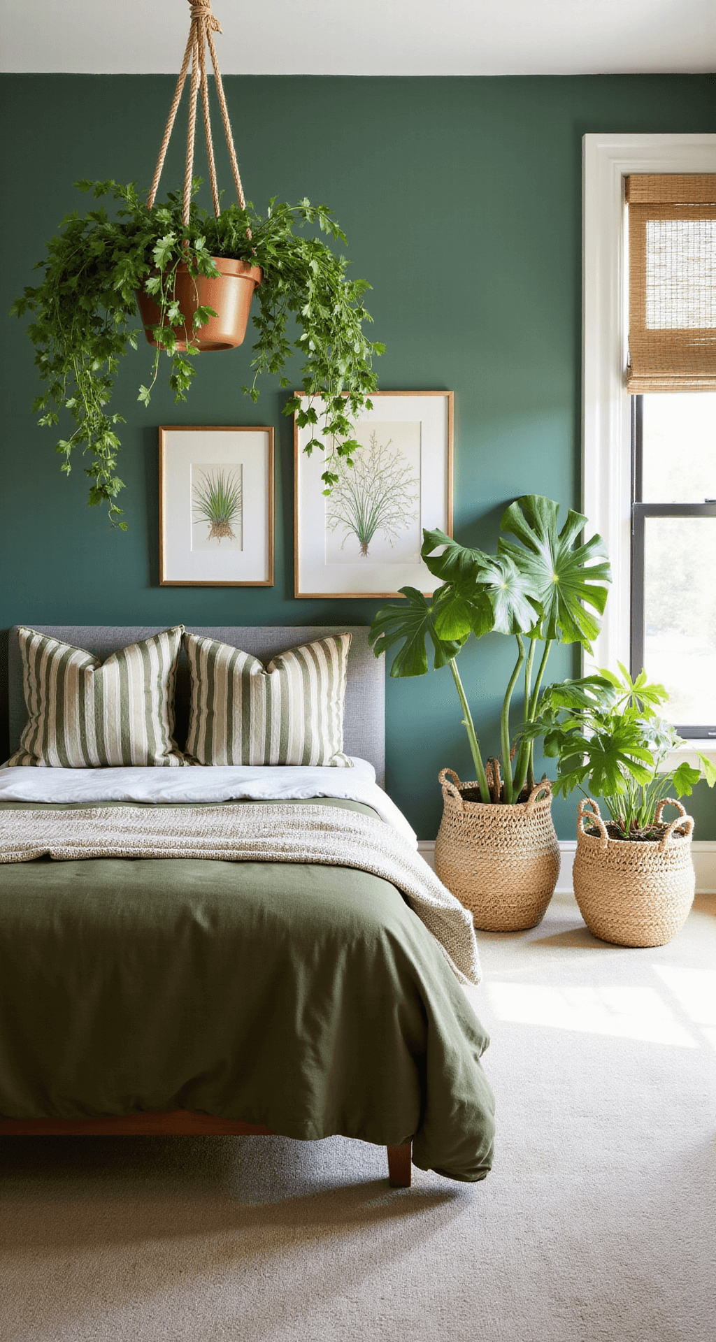 A light-filled 15x15ft bedroom with a forest green accent wall adorned with vintage botanical prints in brass frames, featuring a queen bed with olive and sage striped organic cotton bedding, hanging pothos vines from macramé planters, an oversized monstera plant in a rattan stand, and bamboo roman blinds filtering natural light.