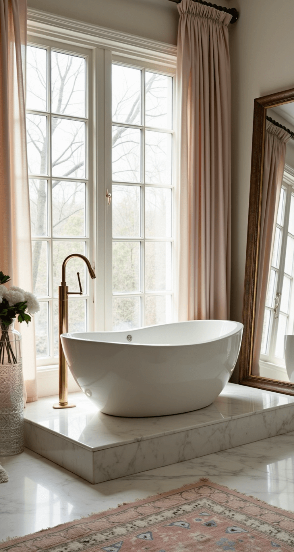 Luxurious master bathroom featuring double-height windows and book-matched marble walls, with a sculptural egg-shaped tub on an elevated platform and floor-mounted champagne gold faucet, captured at morning twilight to highlight architectural details and reflections in an oversized mirror, styled with crystal vessels, fresh white peonies, and vintage Persian rugs in a cream, blush, and brass color palette.