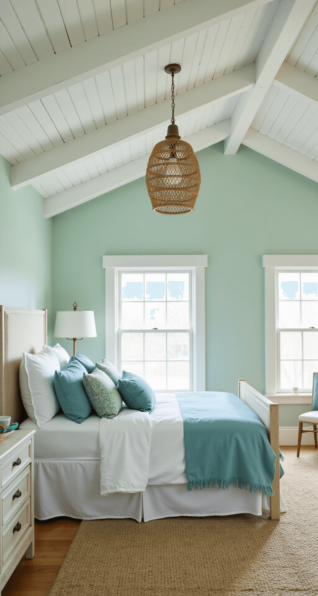 Airy 16x14ft bedroom featuring vaulted ceiling with exposed white beams, seafoam green walls, a white slipcovered queen bed dressed in blue-green textiles, and a rattan pendant light casting geometric shadows over whitewashed oak furniture with rope details, all on a seagrass rug.