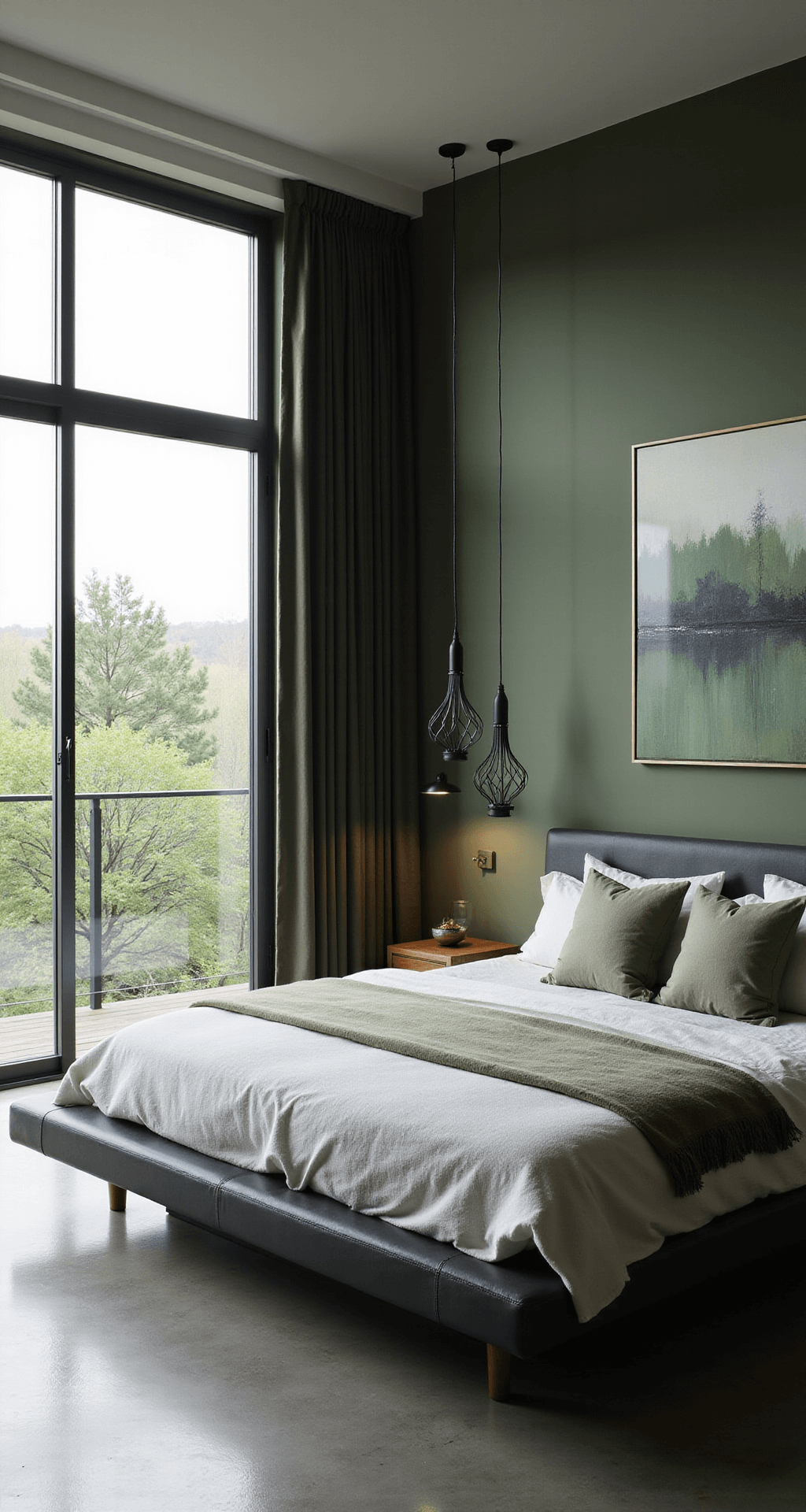 Modern minimalist bedroom featuring a deep olive accent wall and a low-profile charcoal leather platform bed, complemented by geometric black metal pendant lights and an abstract canvas in green and gray. Floor-to-ceiling windows with polished concrete floors provide dramatic side lighting and highlight clean lines and symmetry.