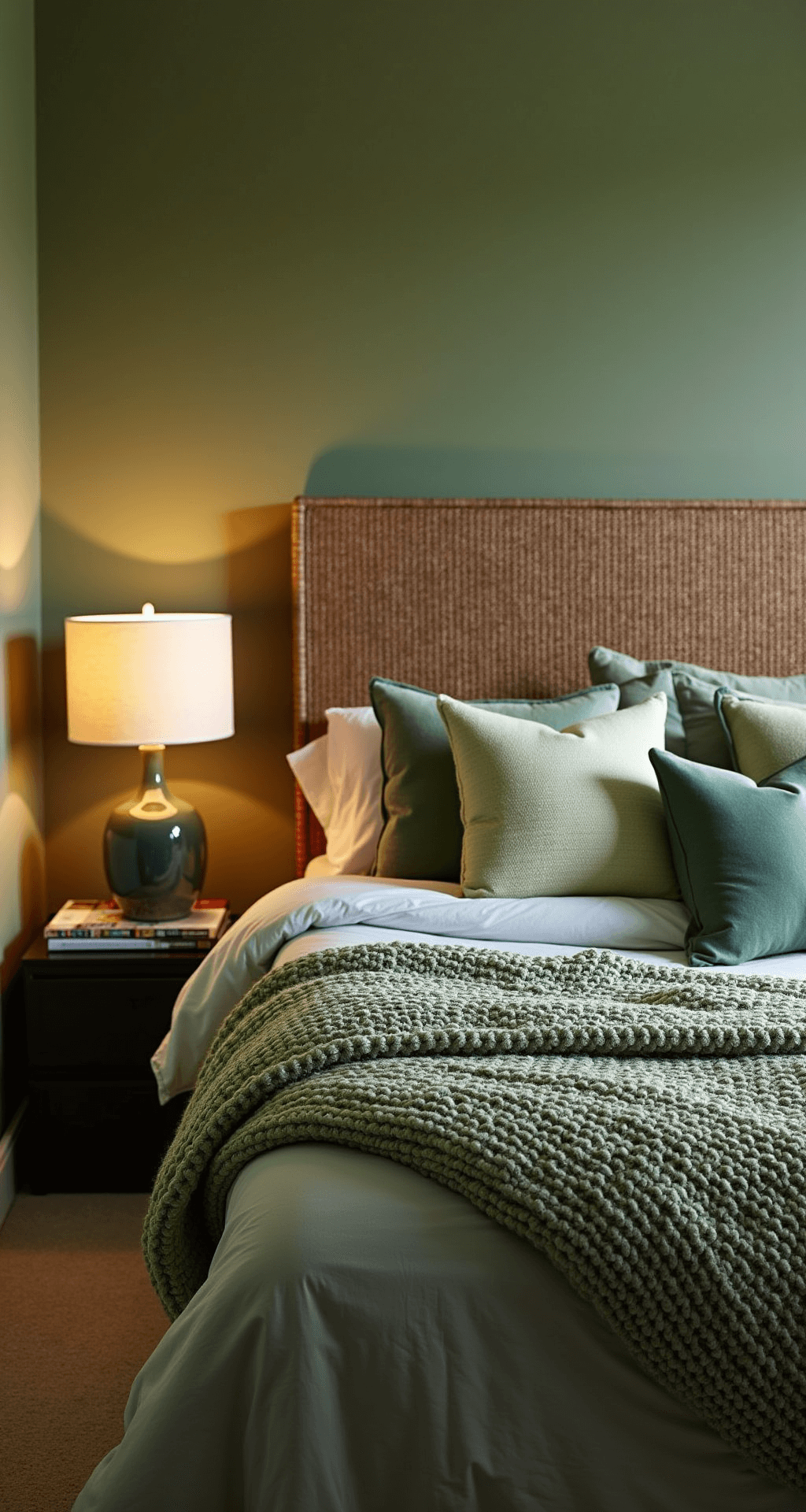 A cozy dusk-lit bedroom featuring pistachio green walls and a California king bed adorned with layered knit throws, velvet pillows, and waffle-weave blankets in varying green tones, an oversized woven headboard, a chunky wool area rug, and ceramic table lamps with linen shades, all captured from a corner angle with shallow depth of field focusing on the textile details.