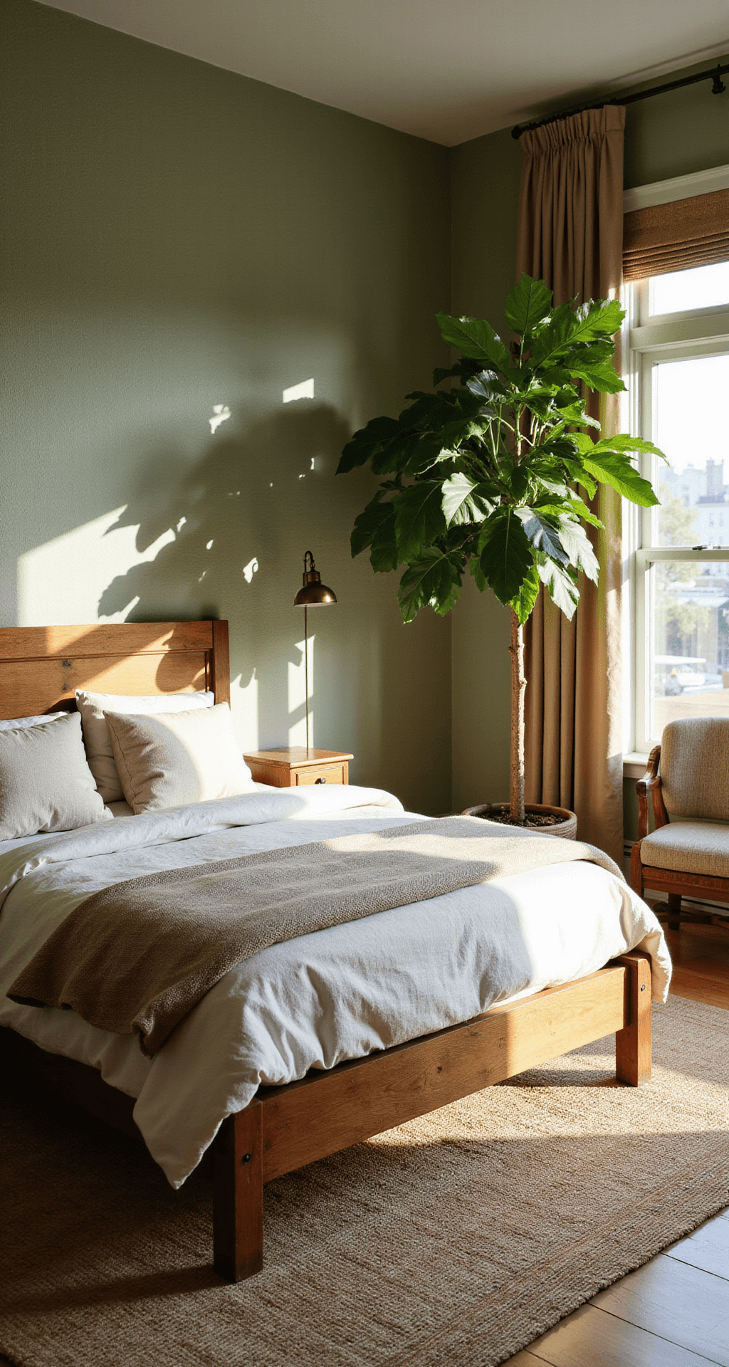 A serene 16x16ft bedroom featuring sage green grasscloth wallpaper, a reclaimed wood queen bed with organic linen bedding in earth tones, a large fiddle leaf fig tree illuminated by morning light, a handwoven wool rug with a geometric pattern, a vintage brass floor lamp, and natural fiber window treatments, all captured from bed-level height with an emphasis on natural lighting and organic materials.