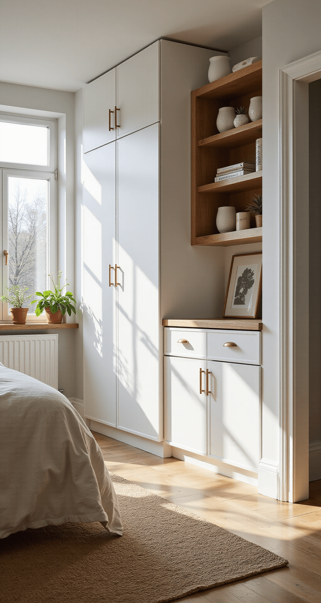 A spacious Scandinavian-style bedroom featuring floor-to-ceiling white cupboards with brass handles, linen bedding, a jute rug, and potted plants, illuminated by morning light.