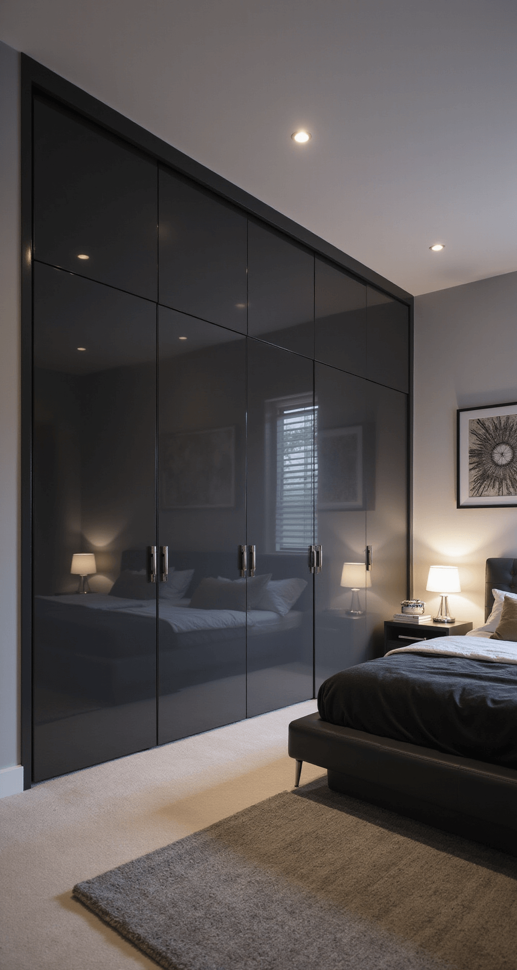 A contemporary primary bedroom with sleek charcoal gray sliding cupboards, ambient lighting, a velvet platform bed, chrome side tables, and abstract art, captured at dusk.