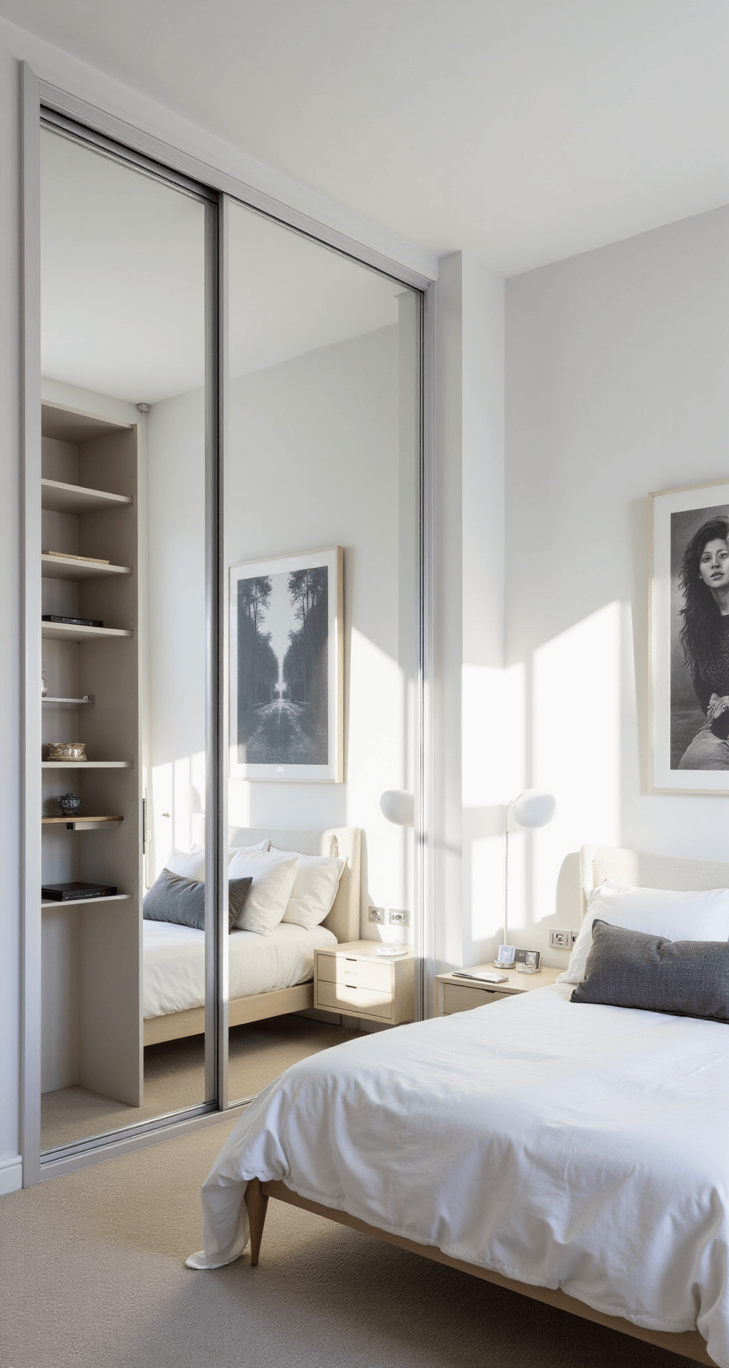 A compact minimalist bedroom featuring custom white cupboards, mirror-fronted sliding doors, and a low-profile bed, bathed in bright natural light, with sparse decor and a monochromatic color scheme.