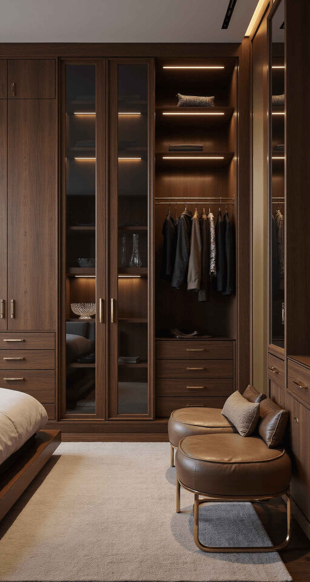 A beautifully designed master bedroom at twilight, viewed from inside a luxurious walk-in closet, featuring custom LED-lit cabinets with glass doors showcasing a curated wardrobe. The intimate atmosphere is enhanced by rich textures such as silk carpeting and leather seating, with deep browns, gold, and cream colors dominating the scene.