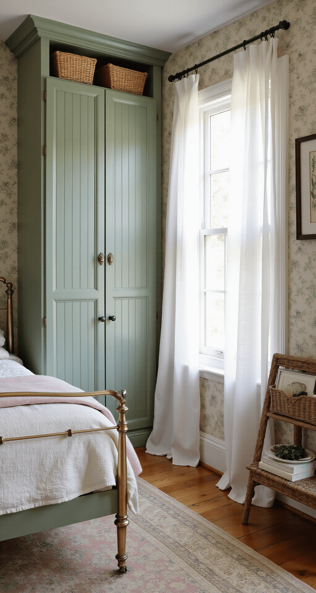Cozy cottage bedroom with sage green built-in cupboards, antique brass bed frame, and floral wallpaper, bathed in soft afternoon light filtering through sheer curtains, featuring vintage accessories and natural textures.