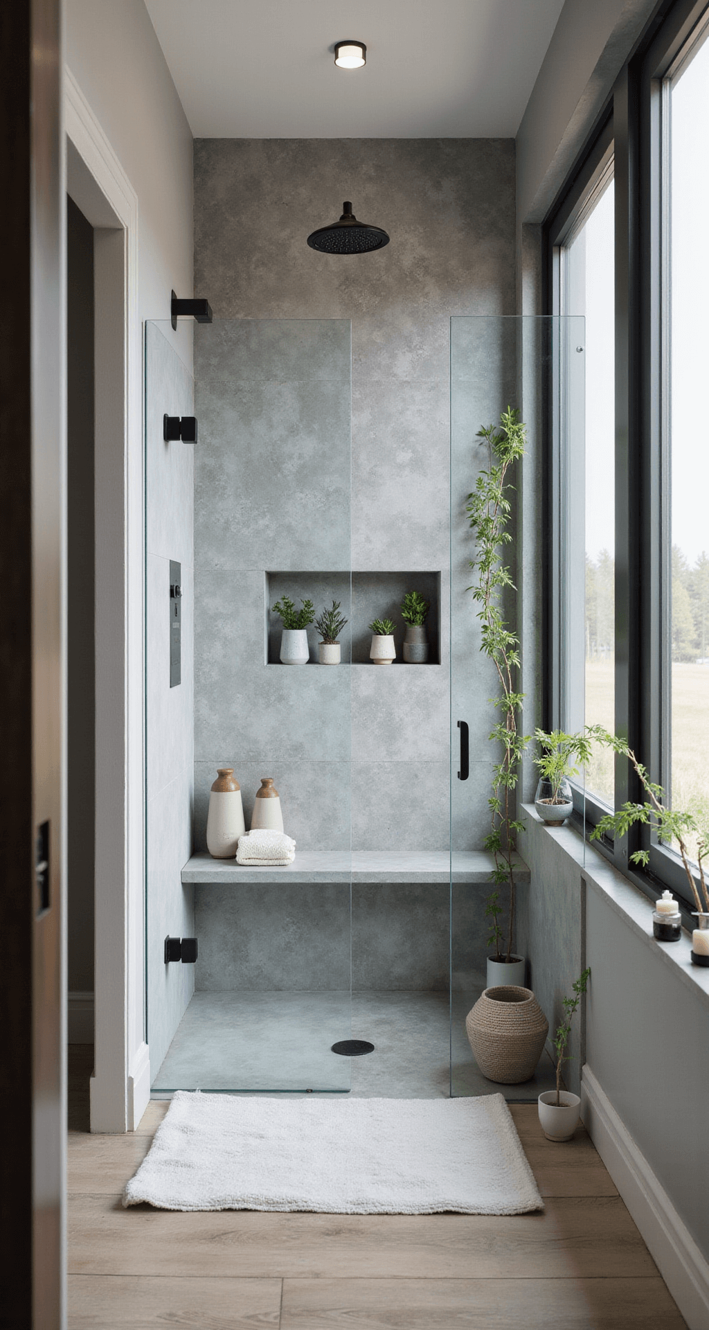 A modern 10x12ft bathroom featuring a seamless glass shower enclosure with a floating bench and waterfall showerhead as the focal point, surrounded by geometric grey and white cement tiles on a feature wall. The shot is taken from the doorway at a slight elevation, highlighting the spatial flow. Decorated with hand-thrown ceramic vessels, minimalist bamboo accessories, and trailing plants, the color scheme consists of cool greys, white, matte black fixtures, and green botanical accents, with soft lighting to minimize reflections on the glass.