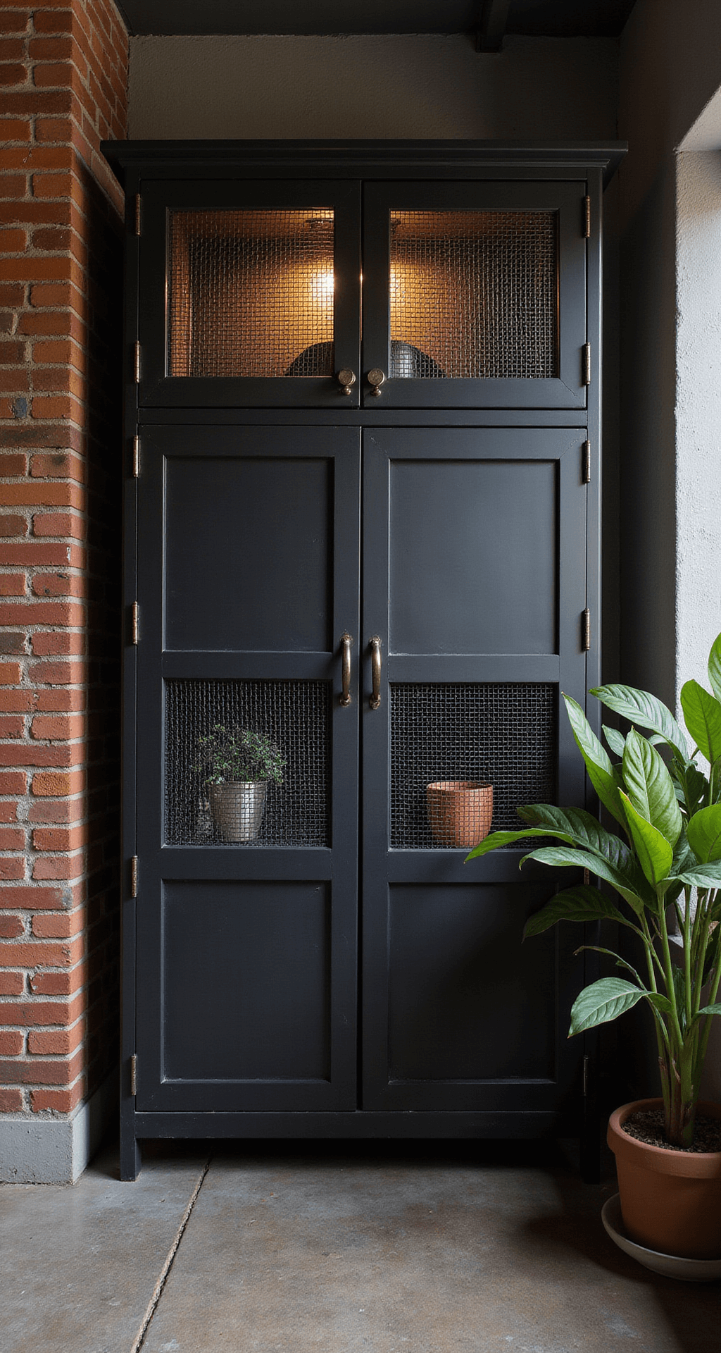 An elevated view of a night-time urban bedroom featuring industrial-style black metal cupboards, exposed brick walls, and concrete surfaces, highlighted by dramatic directional lighting. The room showcases leather accents and geometric patterns, with a color scheme of blacks, grays, and warm metals, complemented by deep green plants.