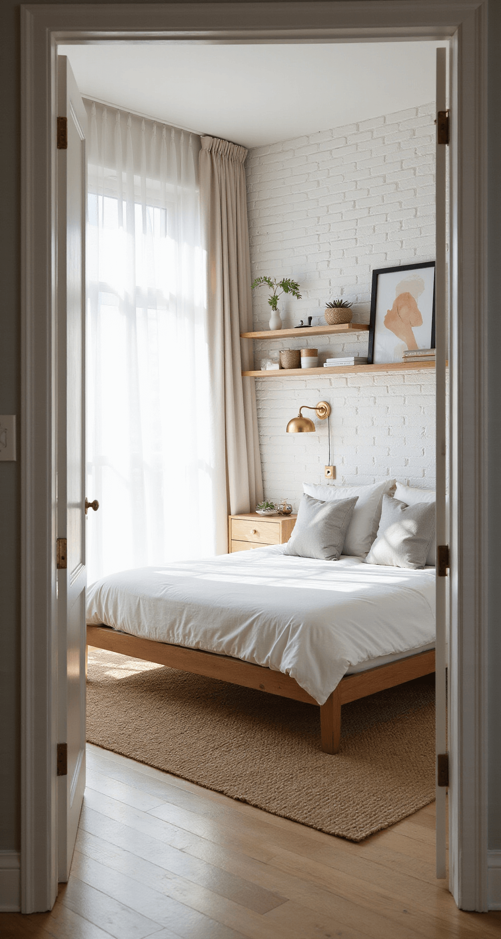 Bright and airy 10x12ft bedroom with queen bed and white linens, white-painted brick wall, floating wooden shelves, and brass sconce, illuminated by morning sunlight through sheer curtains, featuring pale oak flooring and a geometric jute rug.