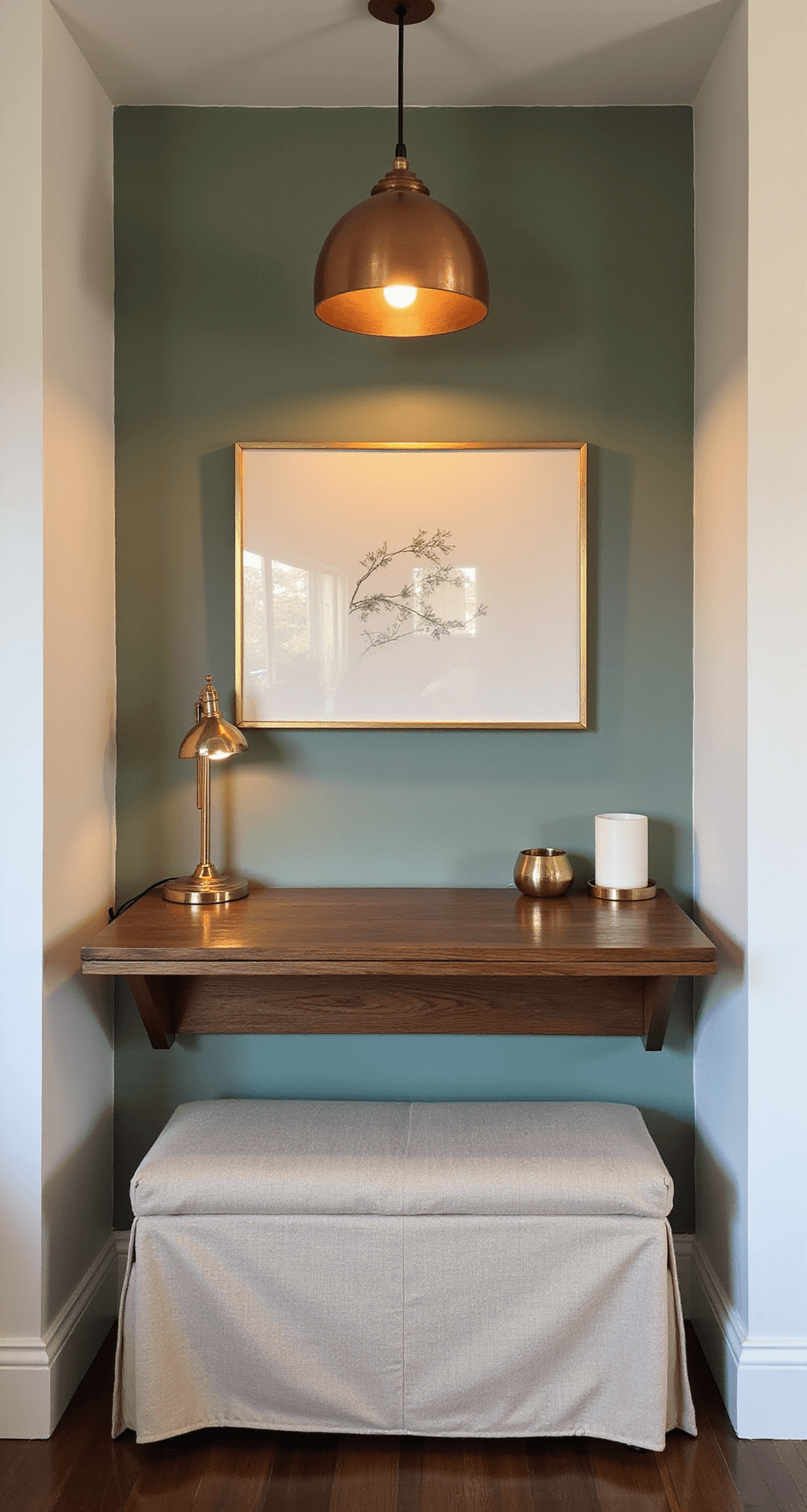 Intimate corner of an 8x10ft bedroom at golden hour, featuring a multifunctional walnut desk that serves as artwork, a warm copper pendant light, a sage green accent wall, and an oatmeal linen storage ottoman, styled with a vintage brass lamp and minimal accessories.
