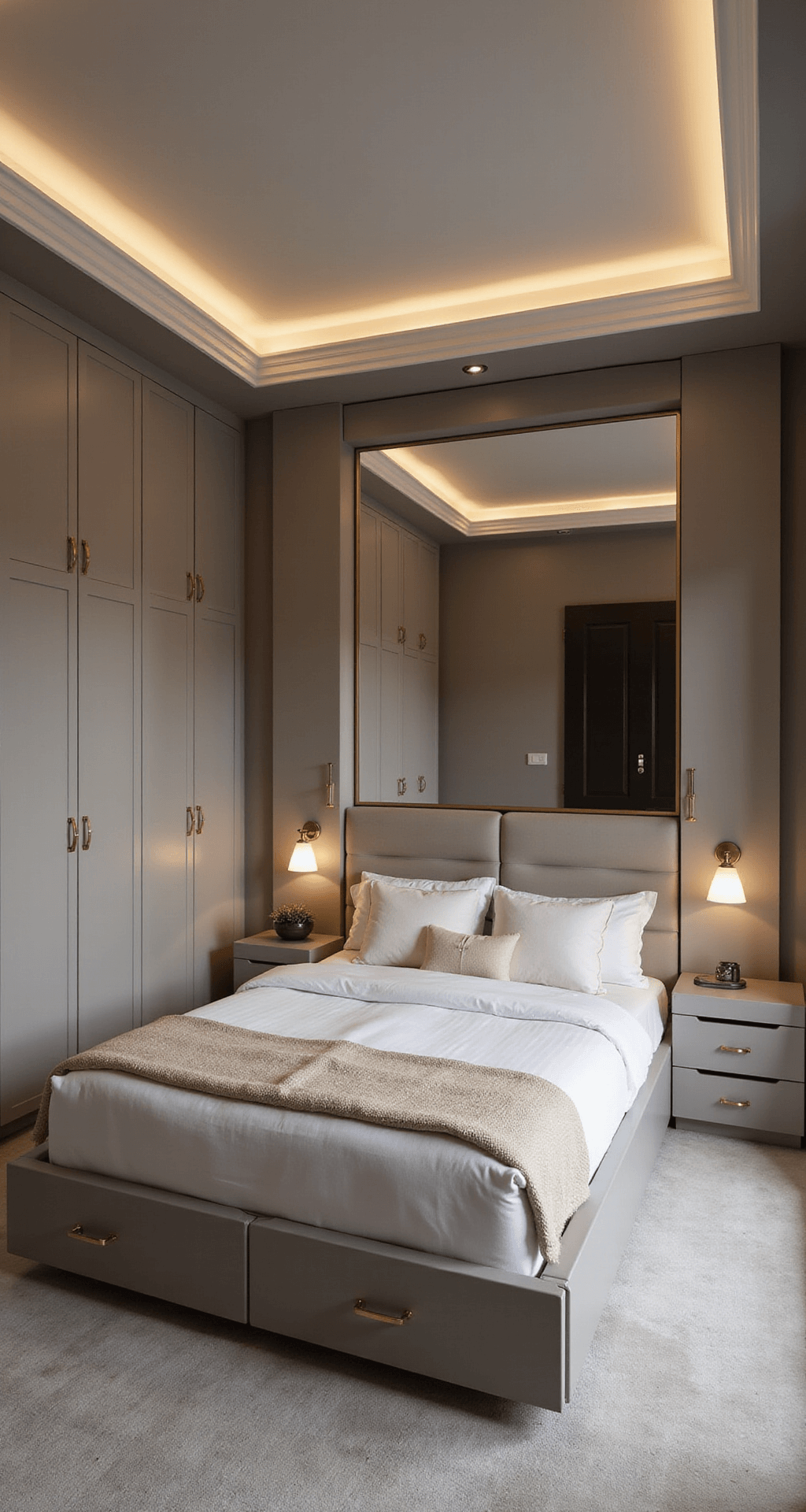 Dramatic dusk image of a compact 9x11ft bedroom showcasing innovative storage with floor-to-ceiling greige wardrobes, a queen bed with under-bed drawers, layered white and cream linens, an oversized mirror, and warm LED ambient lighting.
