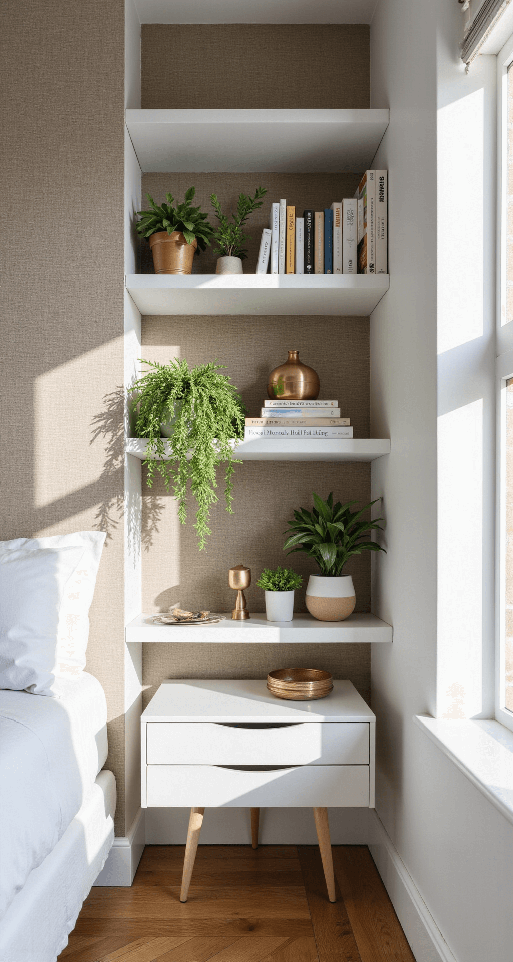 Morning light illuminating vertical storage in an 8x12ft bedroom, featuring white floating shelves with styled books, plants, and brass decor against textured grasscloth wallpaper. A minimal side table with hidden storage complements the bright and airy ambiance.