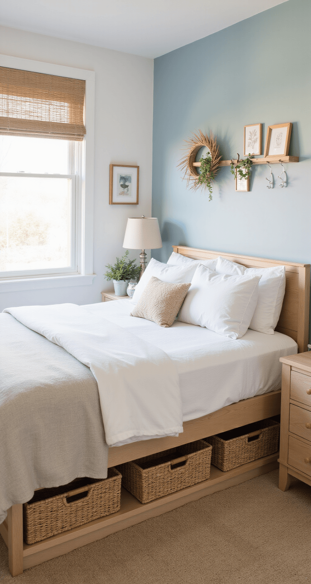 Detail-focused lifestyle image of a 10x11ft bedroom showcasing under-bed storage with woven baskets, wall-mounted hooks styled with accessories, and slim blonde wood furniture. The room features soft white walls with a pale blue accent wall, with morning light filtering through bamboo blinds.