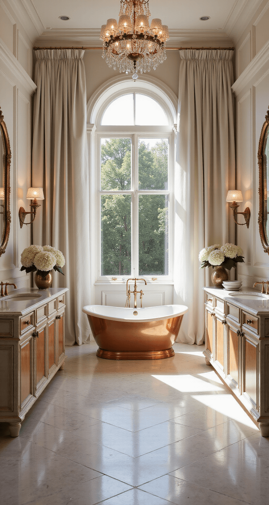 Opulent bathroom with pearl white Venetian plaster walls, a copper freestanding tub, crystal chandelier, herringbone marble floors, and a custom double vanity with backlit onyx, styled with silk drapery, antique brass mirrors, and white hydrangeas in mercury glass vases, illuminated by warm golden hour light.