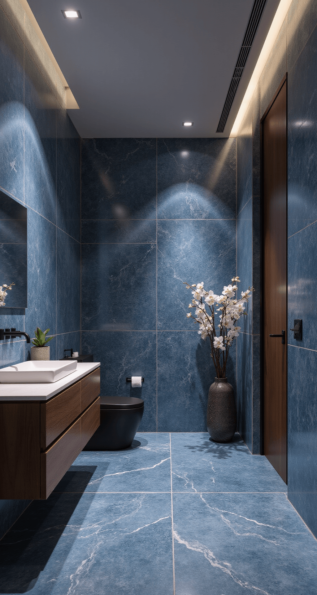 A contemporary bathroom featuring dramatic floor-to-ceiling blue marble walls, walnut vanities, and minimal strip lighting, styled with black stone accessories and orchids, all captured at dusk for maximum marble luminescence.