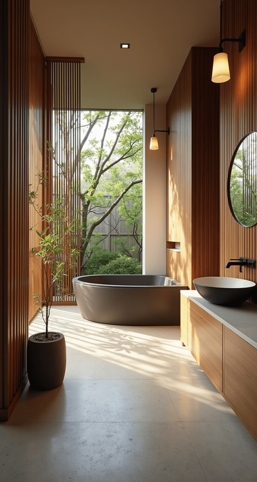 Zen-inspired bathroom with teak slat walls and limestone floors, featuring a sunken soaking tub overlooking a garden at sunrise, enhanced by soft pendant lighting and decorated with bamboo accessories and river stones.