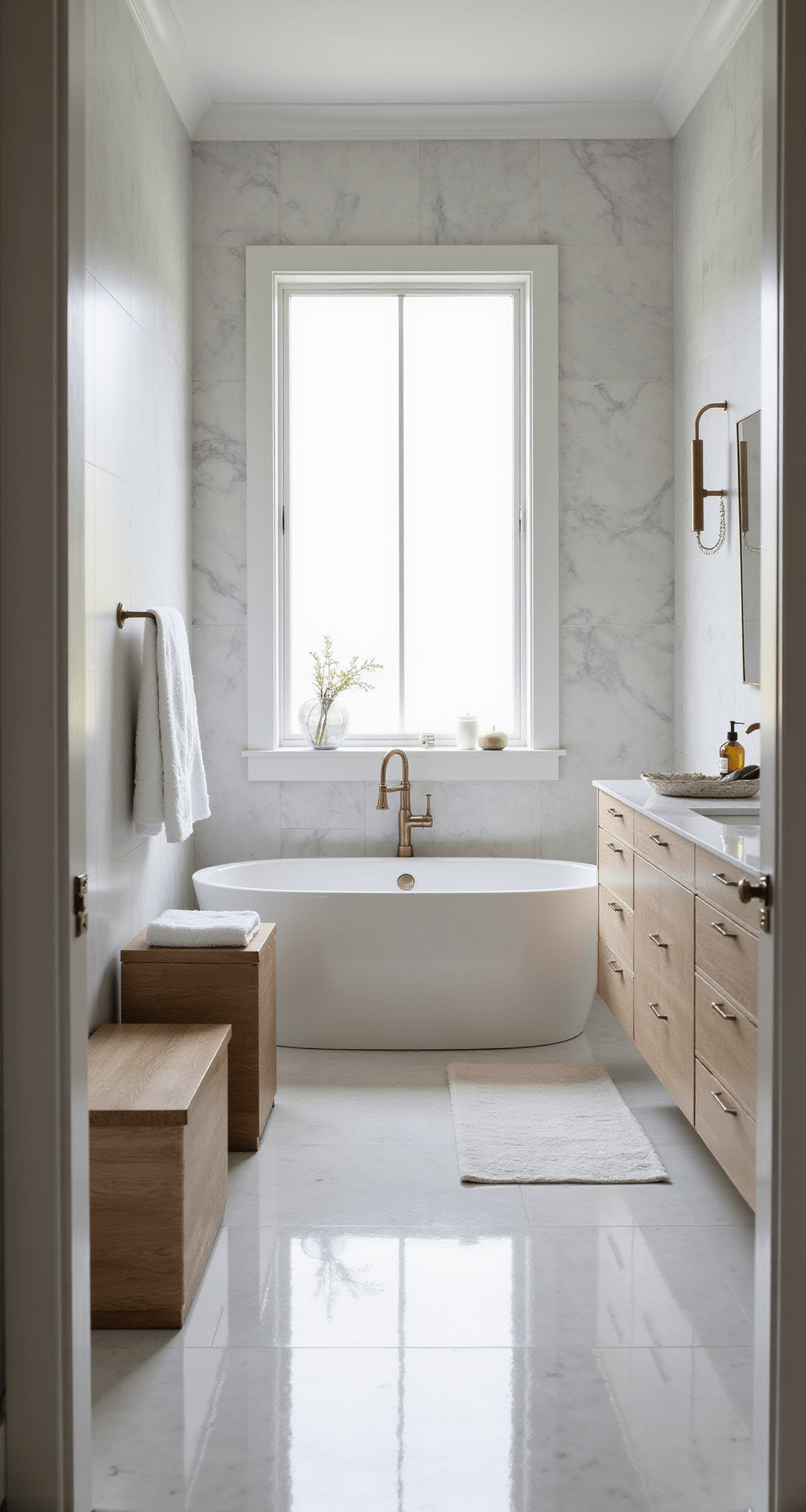 A luxurious 12x15ft bathroom featuring marble floor-to-ceiling tiles, a freestanding soaking tub with champagne bronze fixtures, and a floating double vanity in white oak, illuminated by soft morning light through a frosted window. The space is adorned with plush Turkish towels, crystal vessels, and an orchid arrangement, showcasing a clean minimal style with crisp whites, warm woods, and subtle metallics.